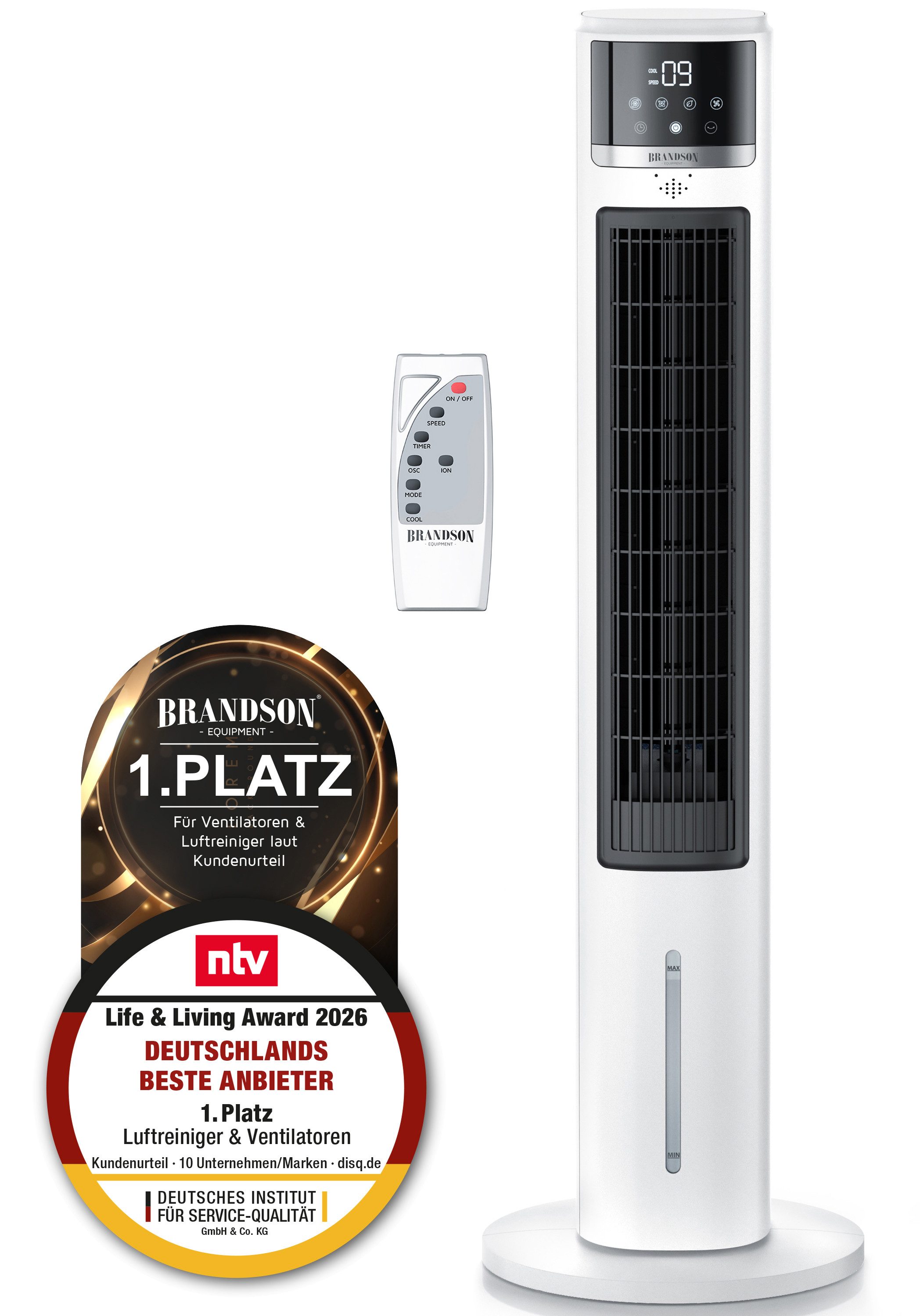 Brandson Ventilatorkombigerät Mobiler Luftkühler, 3,2L Wassertank, Fernbedienung, NTV Sieger 2026, Luftbefeuchter, Verdunstungskühler 9 Stufen, Oszillation, Ion-Funktion