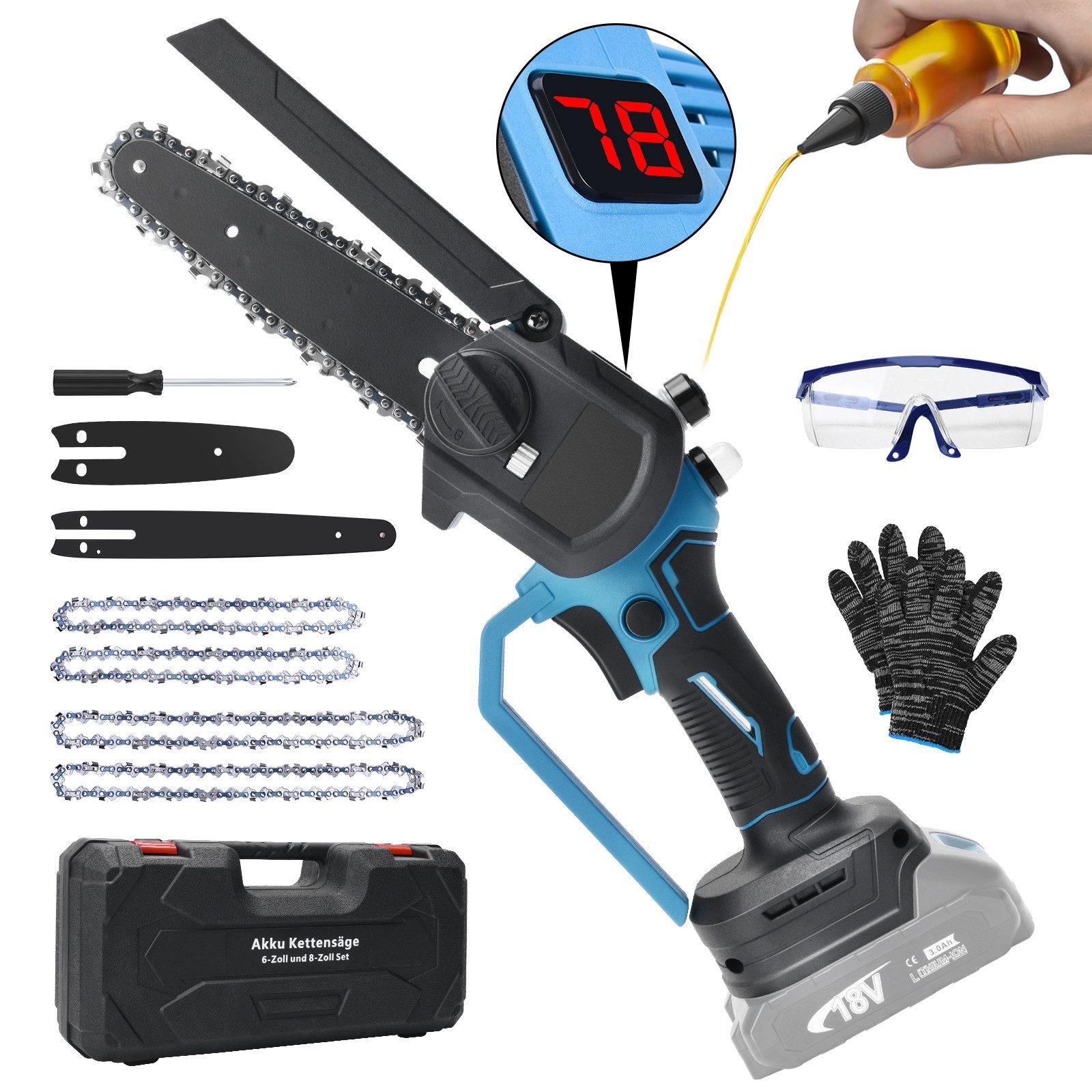 XIIW Akku-Kettensäge 6+8 Zoll Kleine Elektro Kettensäge Einhandsäge Astsäge für Makita 18V, Bürstenlose Mini Kettensäg Elektro Kettensägen, für Gartenscheren Astschere Holzschneiden (ohne Akku)