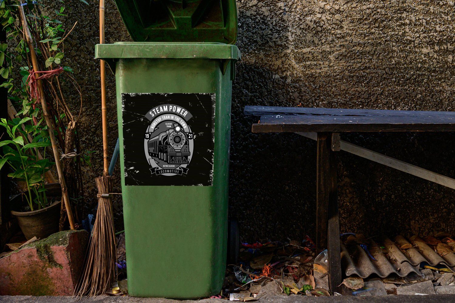 MuchoWow Mülltonne, - Container, (1 Mülleimer-aufkleber, St), Abfalbehälter Vintage Wandsticker Zug - Grau Sticker,