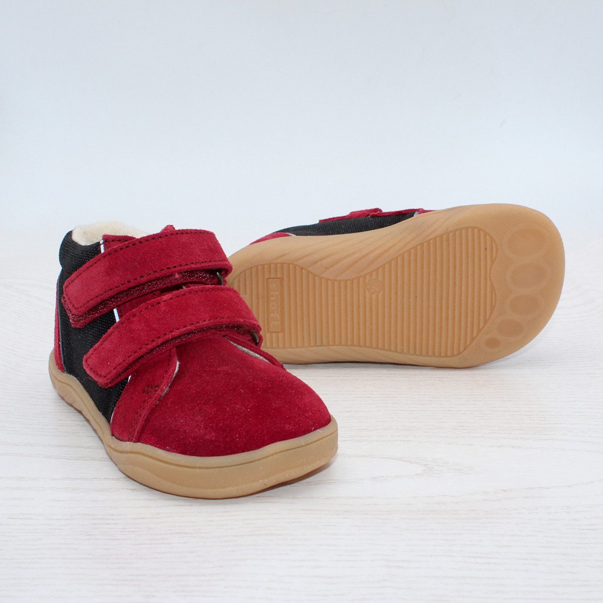 POLOLO Kinderschuh Mario mit Klettverschluss, Barfußschuh mit reflektierenden Elementen, gefüttert mit Bio-Wolle