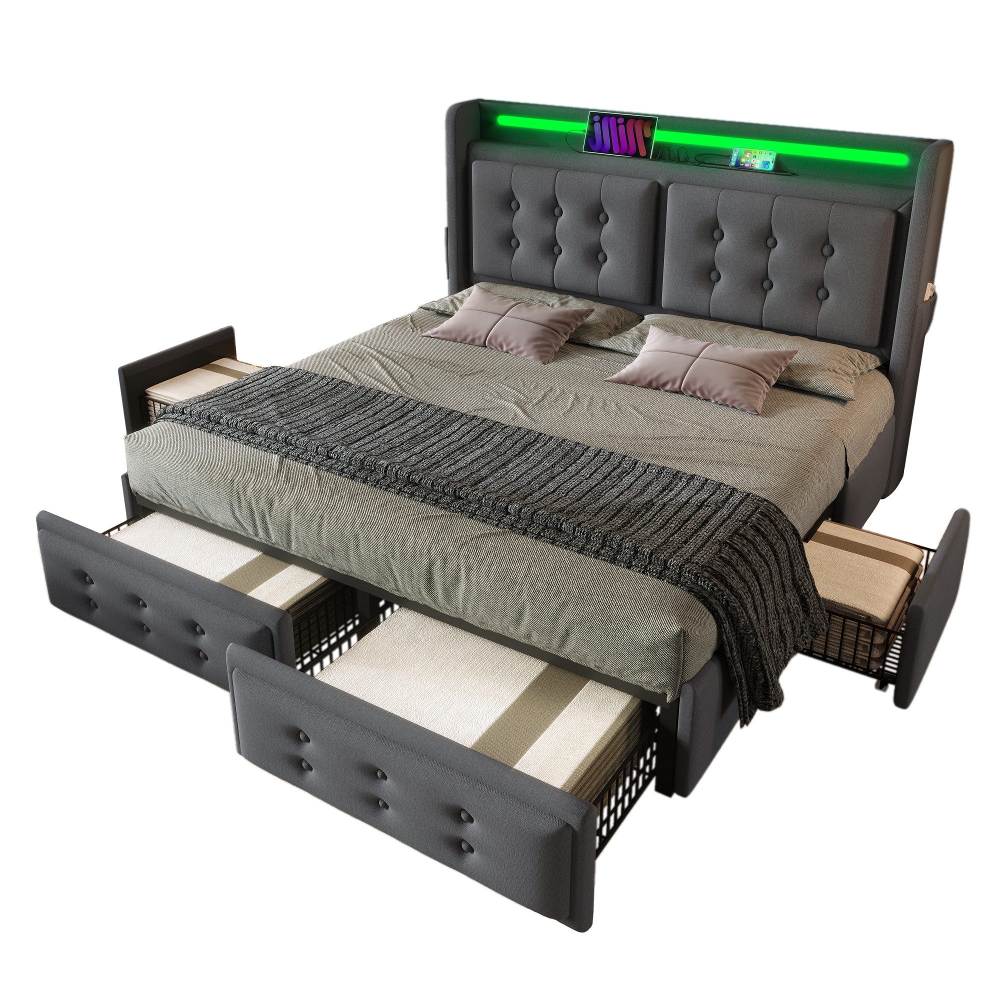 REDOM Polsterbett Doppelbett (Stauraumbetten mit Lattenrost, 1-tlg., 140x200cm, ohne Matratze), mit Led-Kopfteil und USB C Ladefunktion und 4 Schubladen