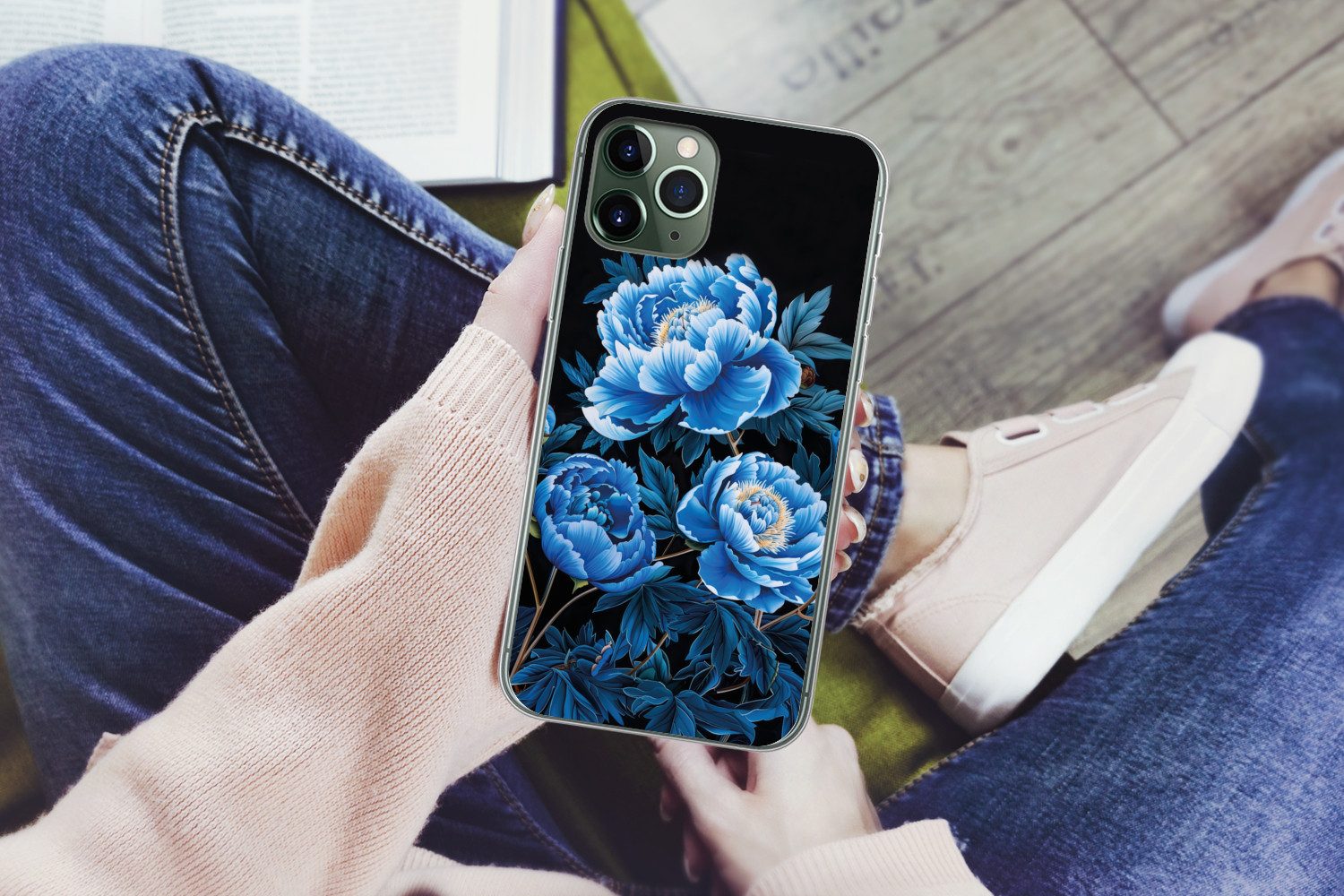 MuchoWow Handyhülle für Apple iPhone 11 Pro Max Blumen - Schwarz - Blau - Modern, Smartphone-Bumper, Print, Handy Schutzhülle Dünn