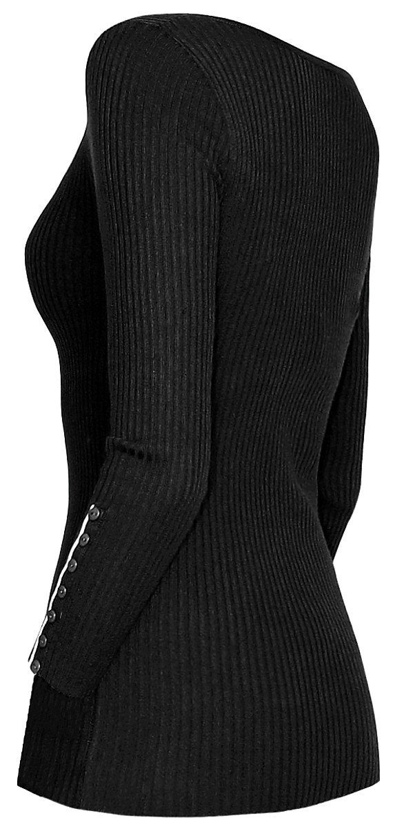 V-Ausschnitt Enganliegend Rippenstrick Pulli dy_mode in PUL001-Schwarz mit Unifarbe Damen Pullover V-Ausschnitt-Pullover