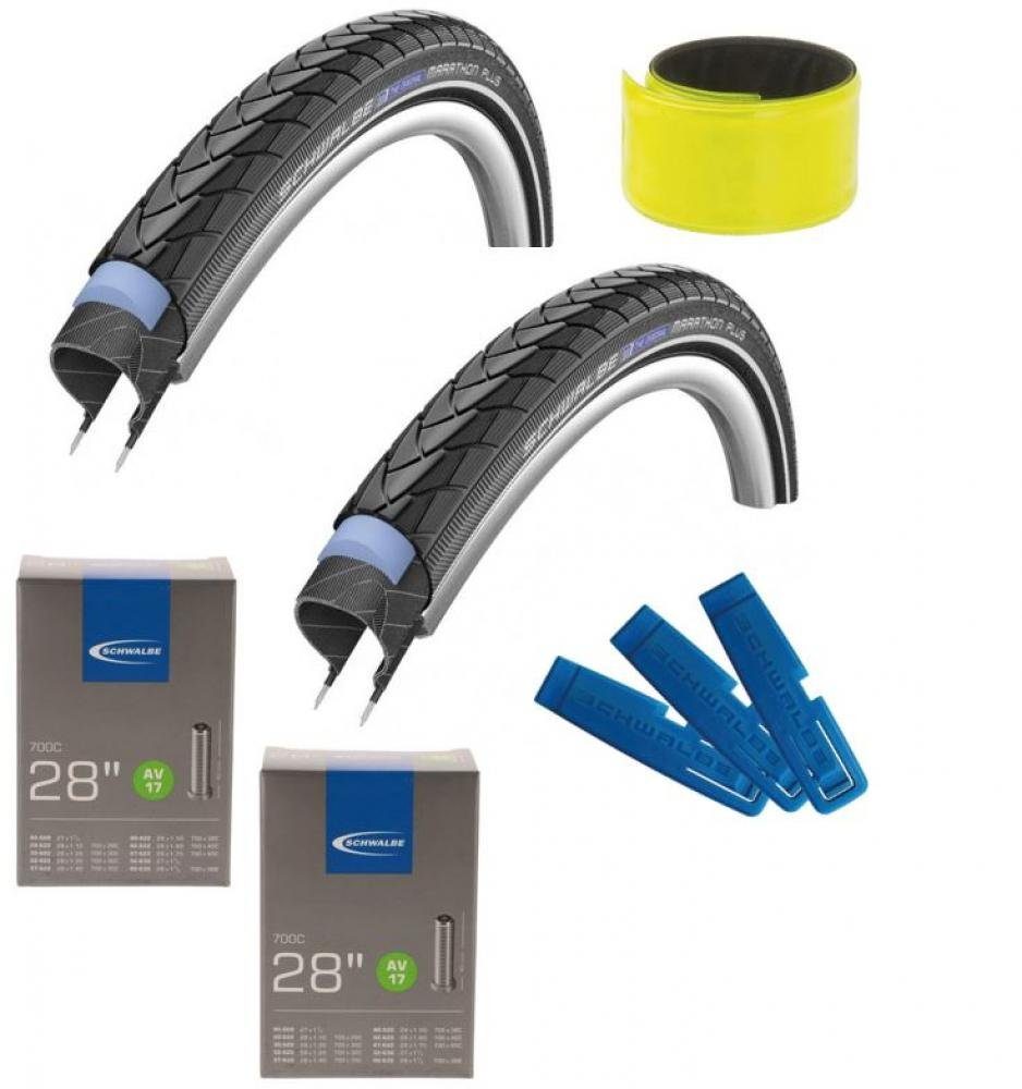 Schwalbe Fahrradreifen Schwalbe MARATHON PLUS 28x1.75 + 2x AV17 Schlauch +R.heber+Reflexband, mit Reflexstreifen