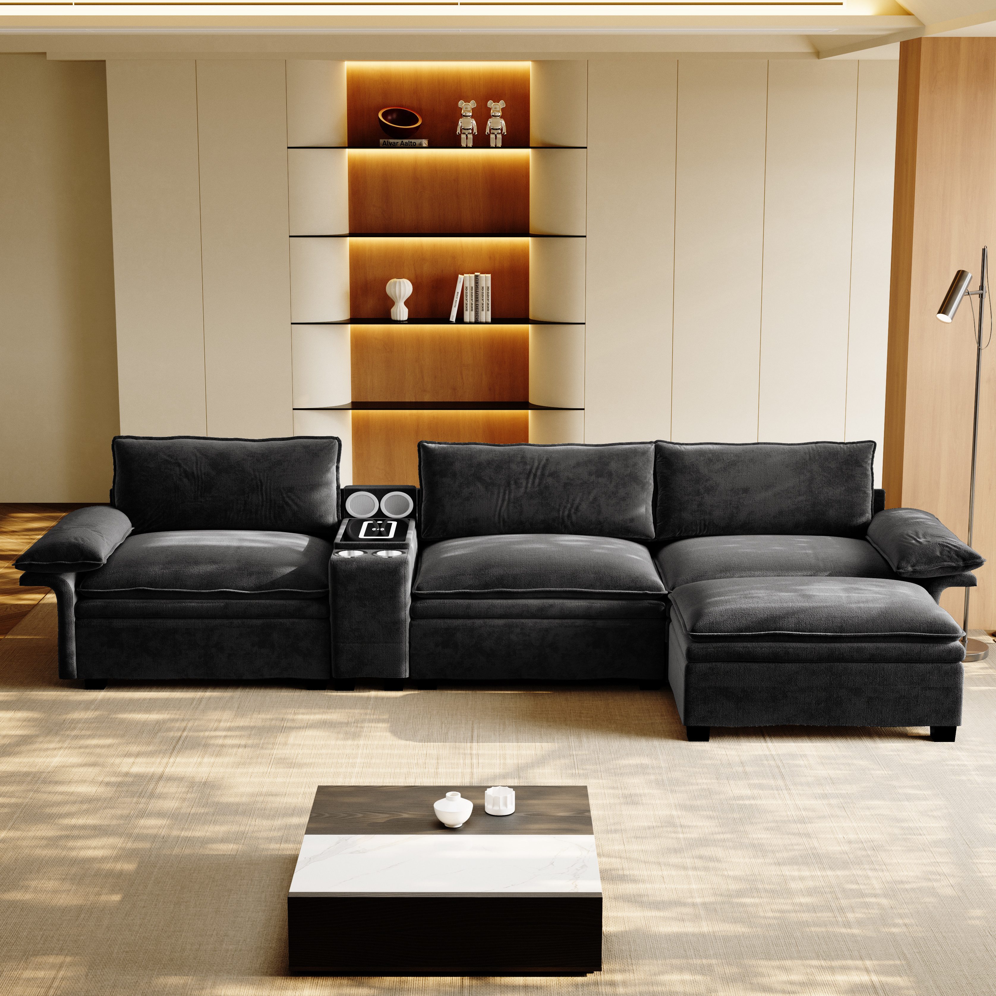 Celya Ecksofa L-Form mit Stauraum, Chenille Couch, mit Ottoman, drahtloses Laden, Lautsprecher, Licht, 2 Tassenhalter