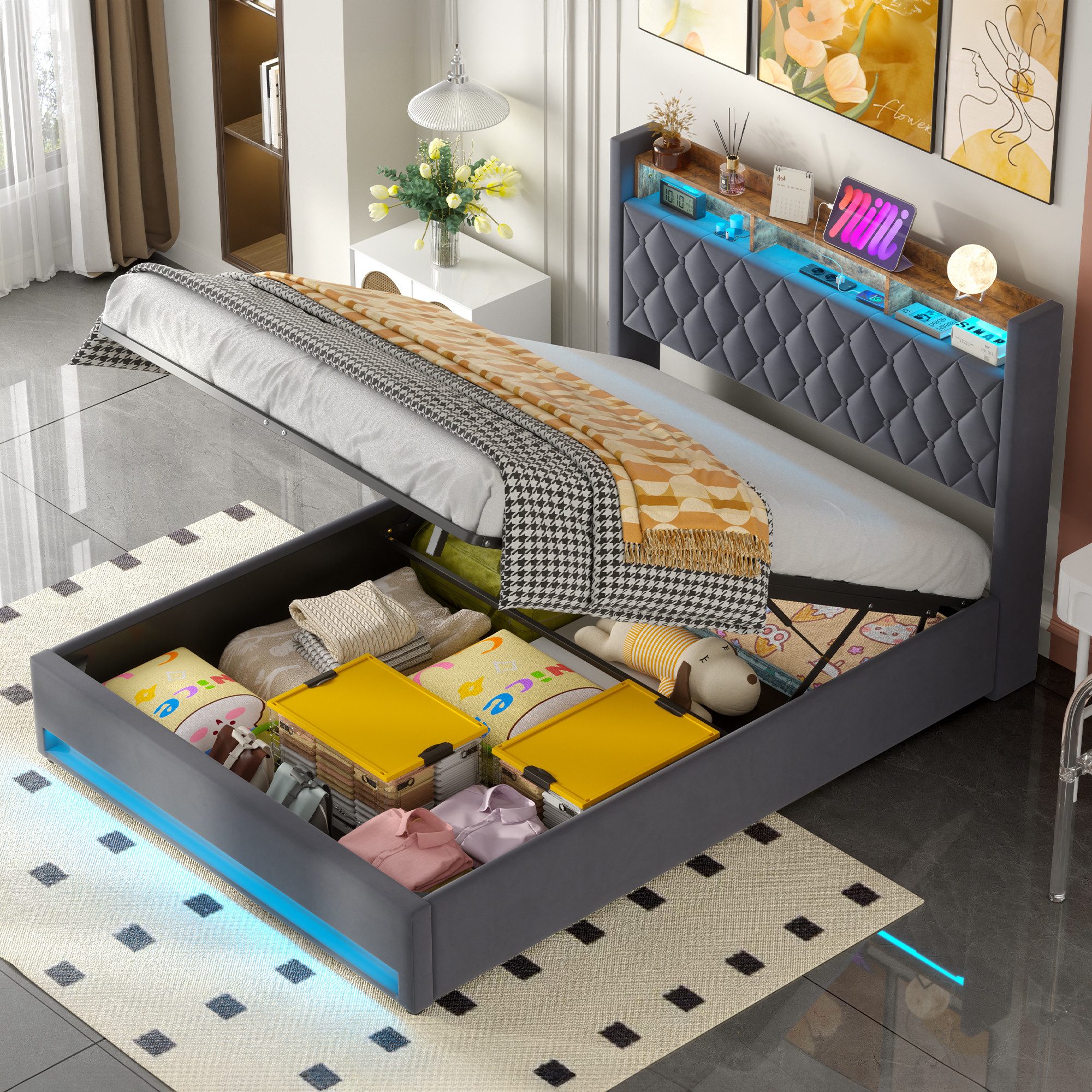 OKWISH Polsterbett Bett (Doppelbett Jugendbett mit USB/Typ-C Ladeanschluss, 160x200cm mit RGB-LED-Beleuchtung, hydraulischem Stauraum), Hollandvelours, mit Knopfheftung, ohne Matratze