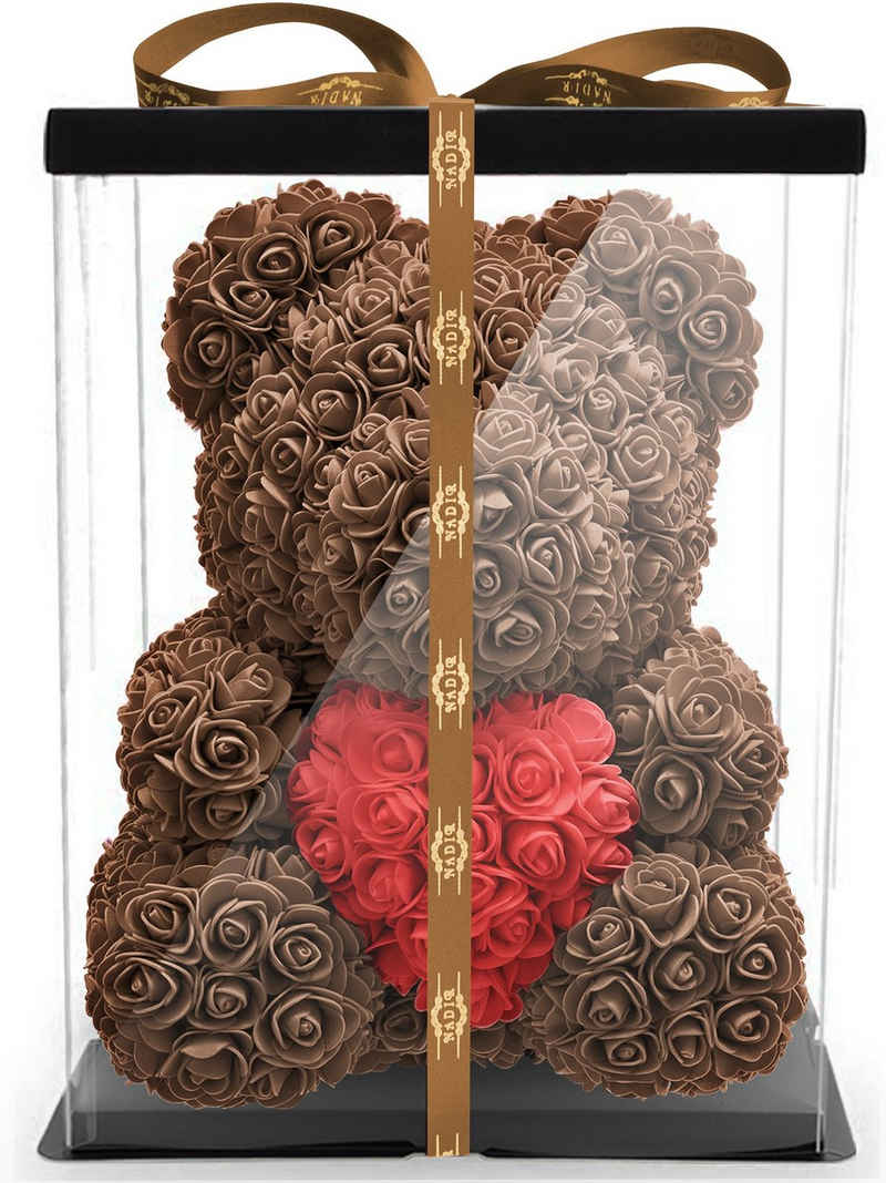 Kunstblume Rosenbär 40 cm inkl. Geschenkbox mit Herz - Geschenk für Freundin Jahrestag Geburtstag Hochzeit, NADIR, Größe: 40 cm, inklusive Geschenkbox