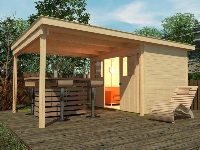 Weka Set: Gartenhaus Loungehaus Gr. 1, BxT: 504x295 cm, mit Anbau (300 cm breite) natur