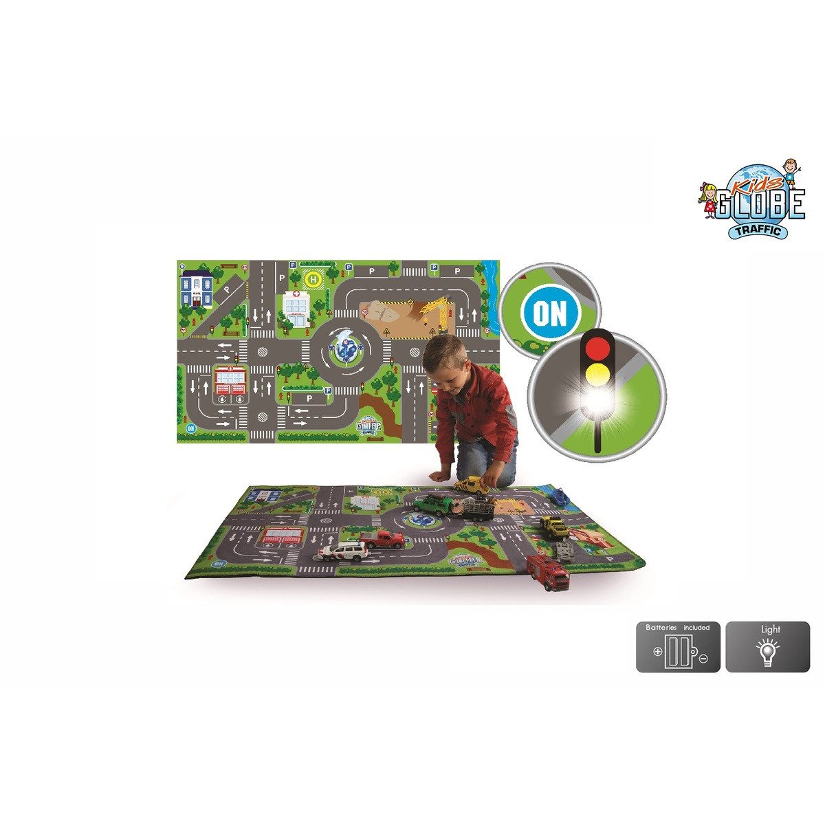 Van Manen Spiel-Parkplatz Spielteppich Straßenbild 70x120cm mit 10 LED-Ampeln