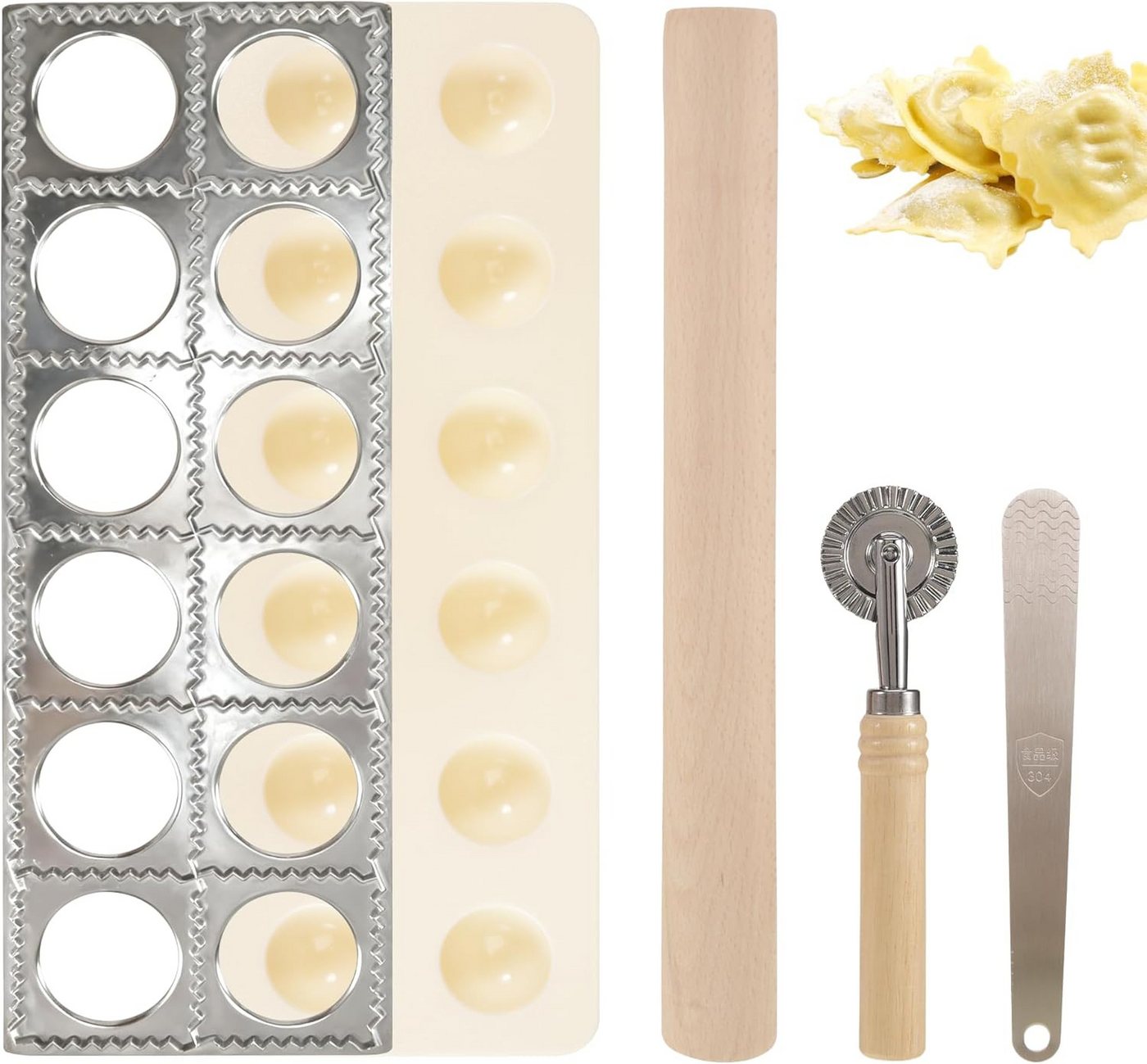 BlingBin Ravioliform Ravioli Maker 5er Set mit Nudelholz, Teigtaschenrad, Fleischspatel, (5er Set 5-tlg), Ravioli Ausstecher aus Aluminium für alle Arten von Teig und Gebäck