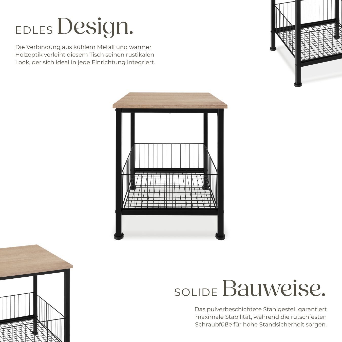 tectake Beistelltisch Couchtisch Grimsby 40x40x55,5cm (1-St., 1 tlg), Stilvoller Beistelltisch mit Ablage und Gitterkorb im Factory Look