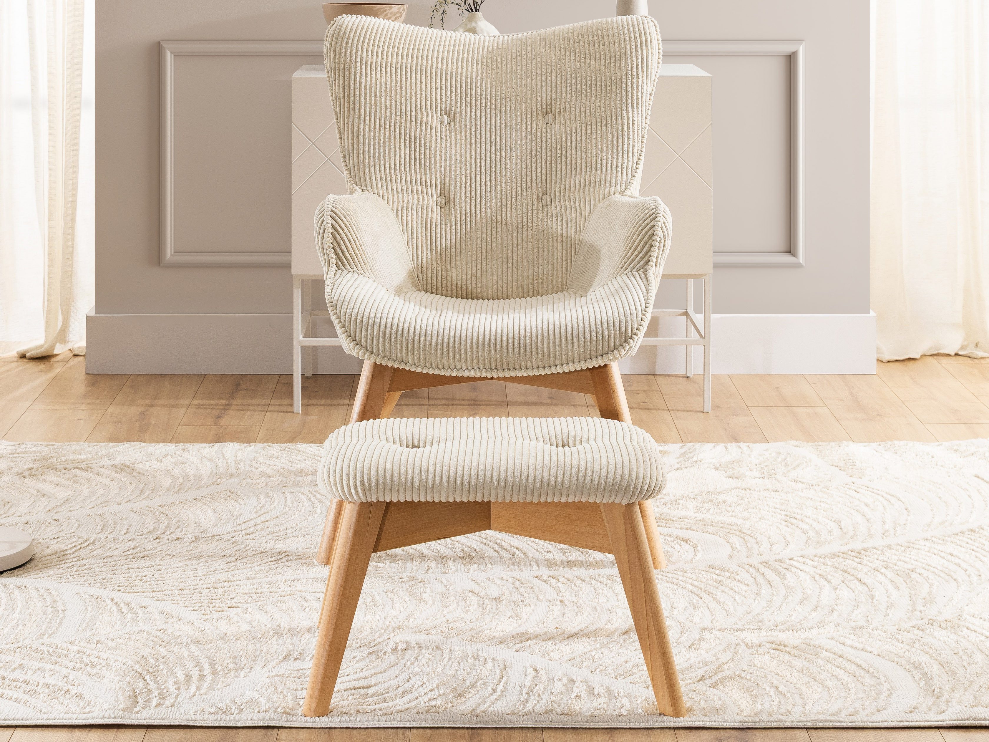 S-Style Möbel Loungesessel mit Fußhocker Lenari aus Cordstoff mit Füßen aus Massivholz (1 x Lounge-Sessel, 1 x Hocker)