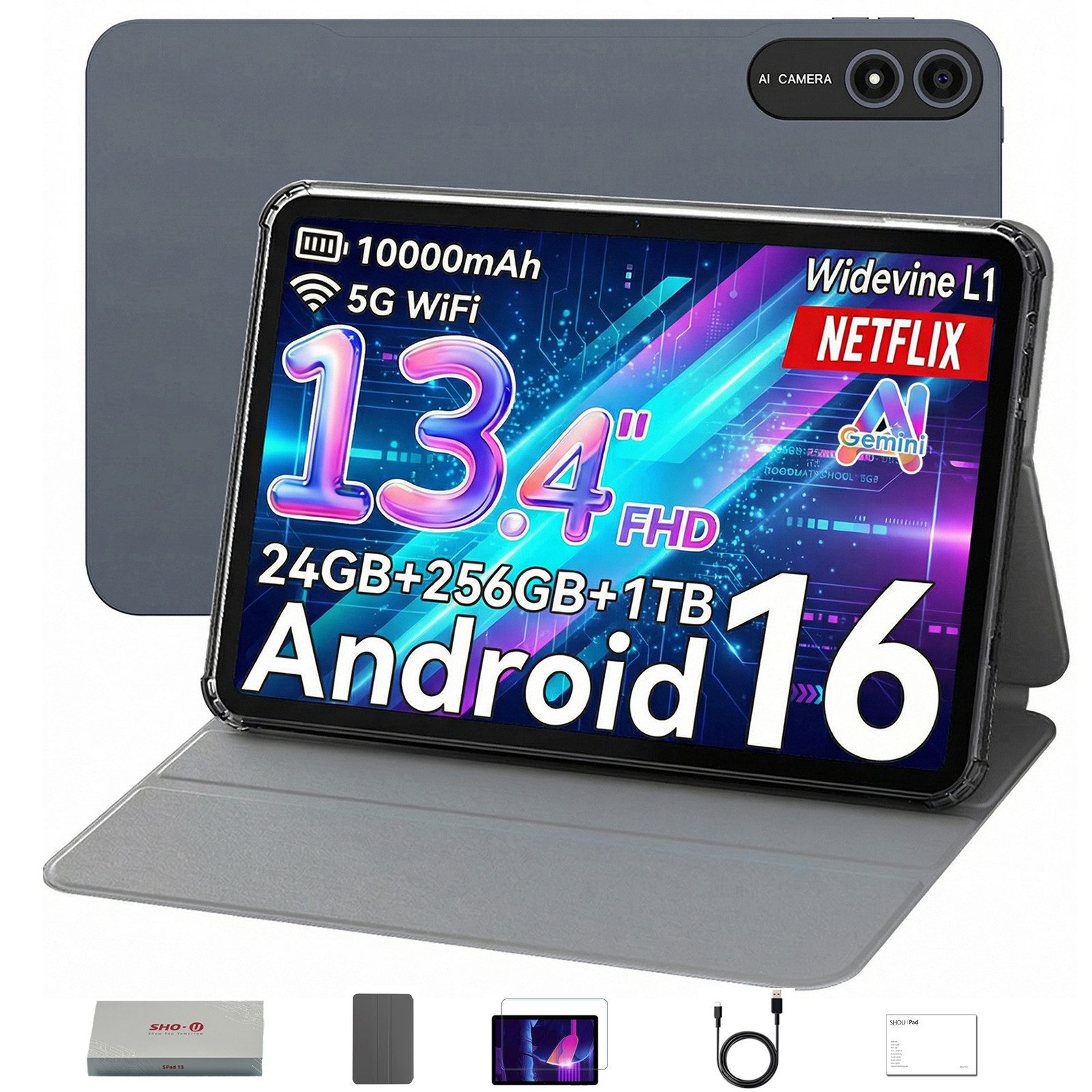 SHOU SPad 13,13,4'', Android 16,24(6+18)GB+256GB, 5G WiFi Tablet (13.4", 256 GB, Android 16, WiFi, 10000 mAh, Gemini AI, inklusive Tablet-Hülle und Displayschutzfolie)