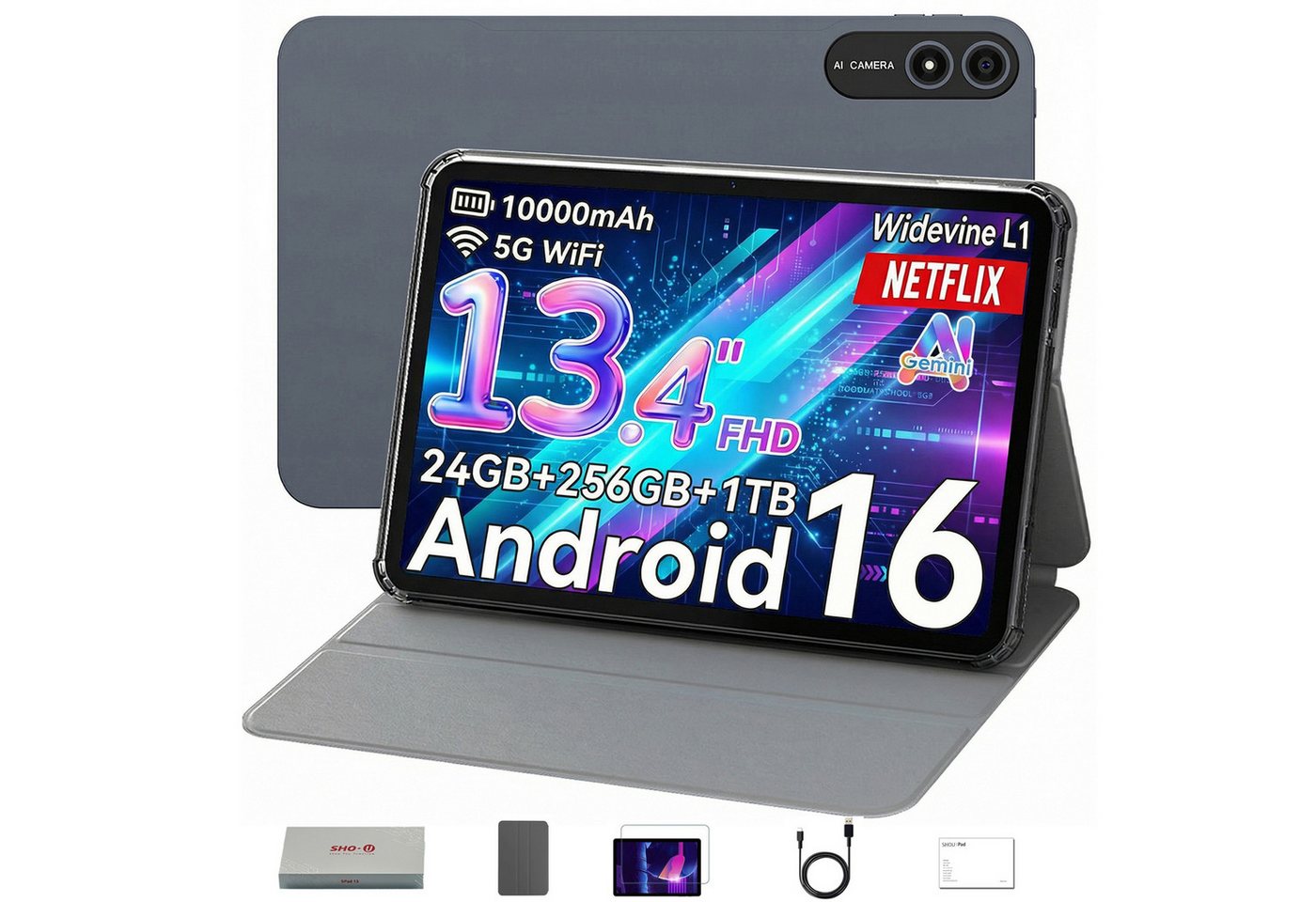 SHOU SPad13,13,4 Zoll, Android 16, 10000mAh,mit Schutzhülle,6+256GB,5G WiFi Tablet (13.4", 256 GB, Android 16, WiFi, GPS, OTG, FM, Gemini AI, Unisoc T615,Octa-Core,Face ID)