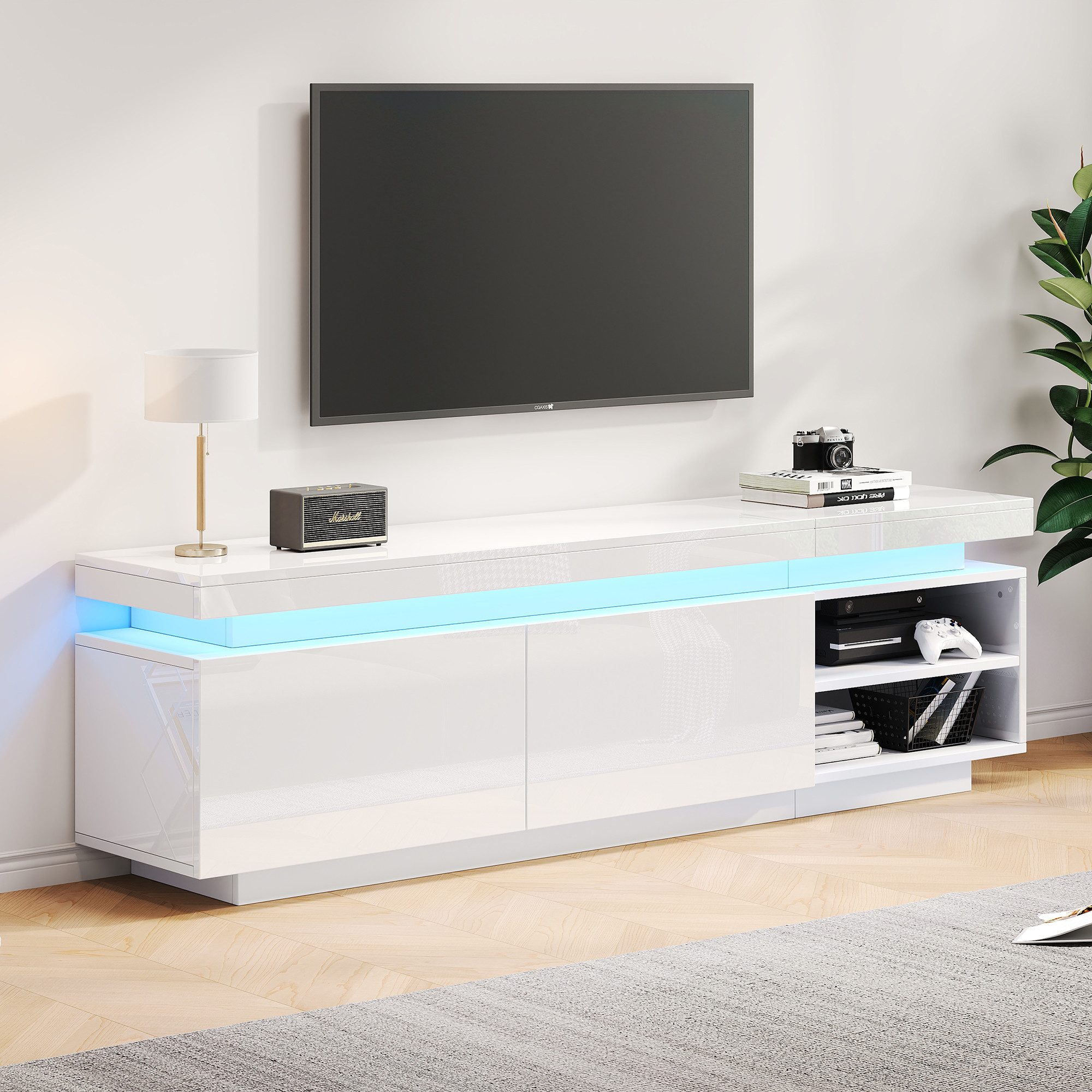 REDOM Lowboard Mit LED, Hochglanz, passend für Fernseher bis 70 Zoll (TV-Schrank Fernsehtisch,TV-Board,TV-Ständer, = TV-Kommode, 1 St., Lowboard mit Stauraum), Medienablage