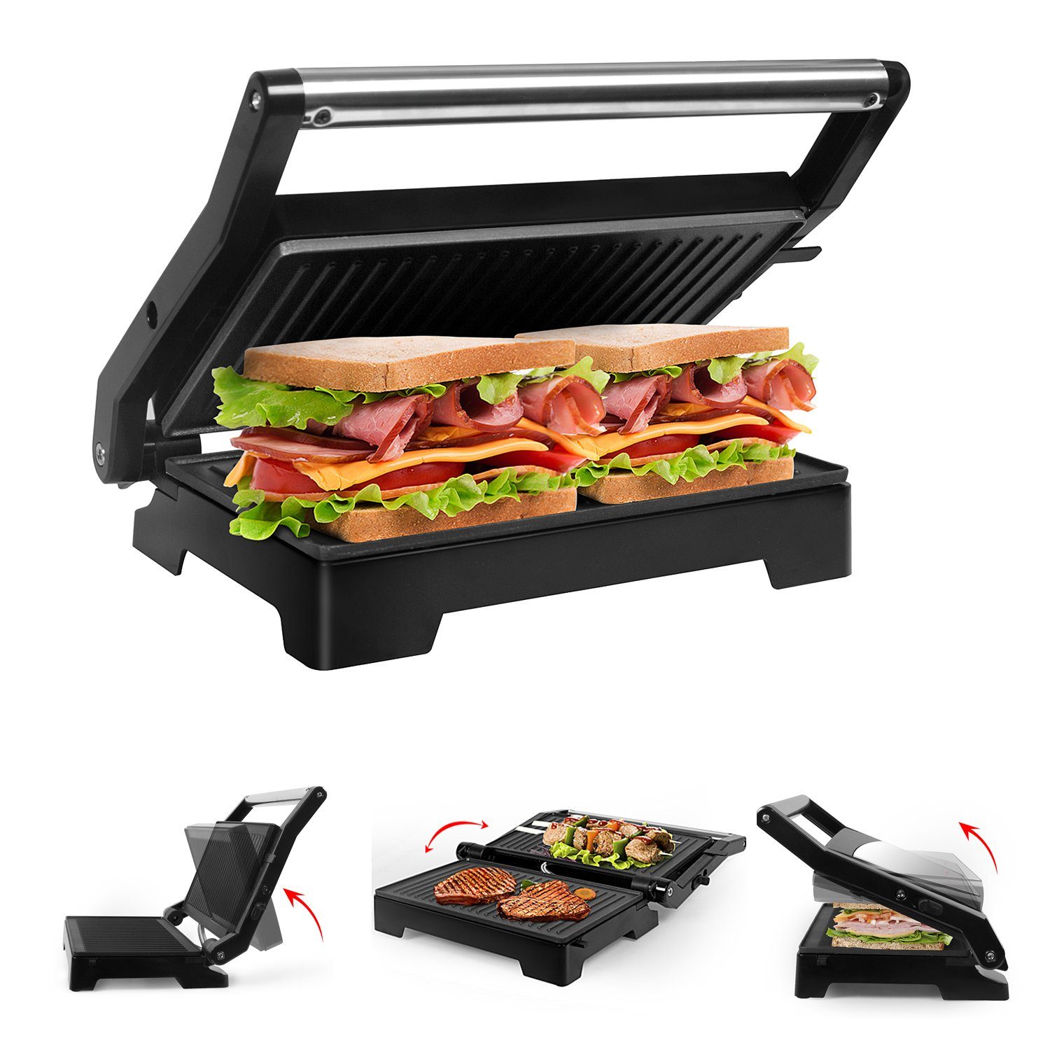 Gotoll 1000,00 180° Kontaktgrill Panini Sandwichtoaster GLHS152D, W, Tischgrill Maker