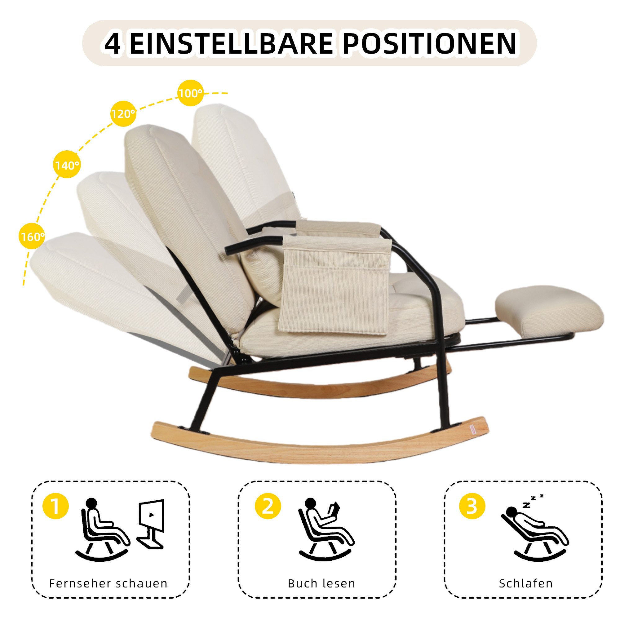Leawin Schaukelstuhl Wohnzimmer mit Hocker & gepolstertem Kissen Cord, Großer Relax Schaukelstuhl mit Liegefunktion Cord