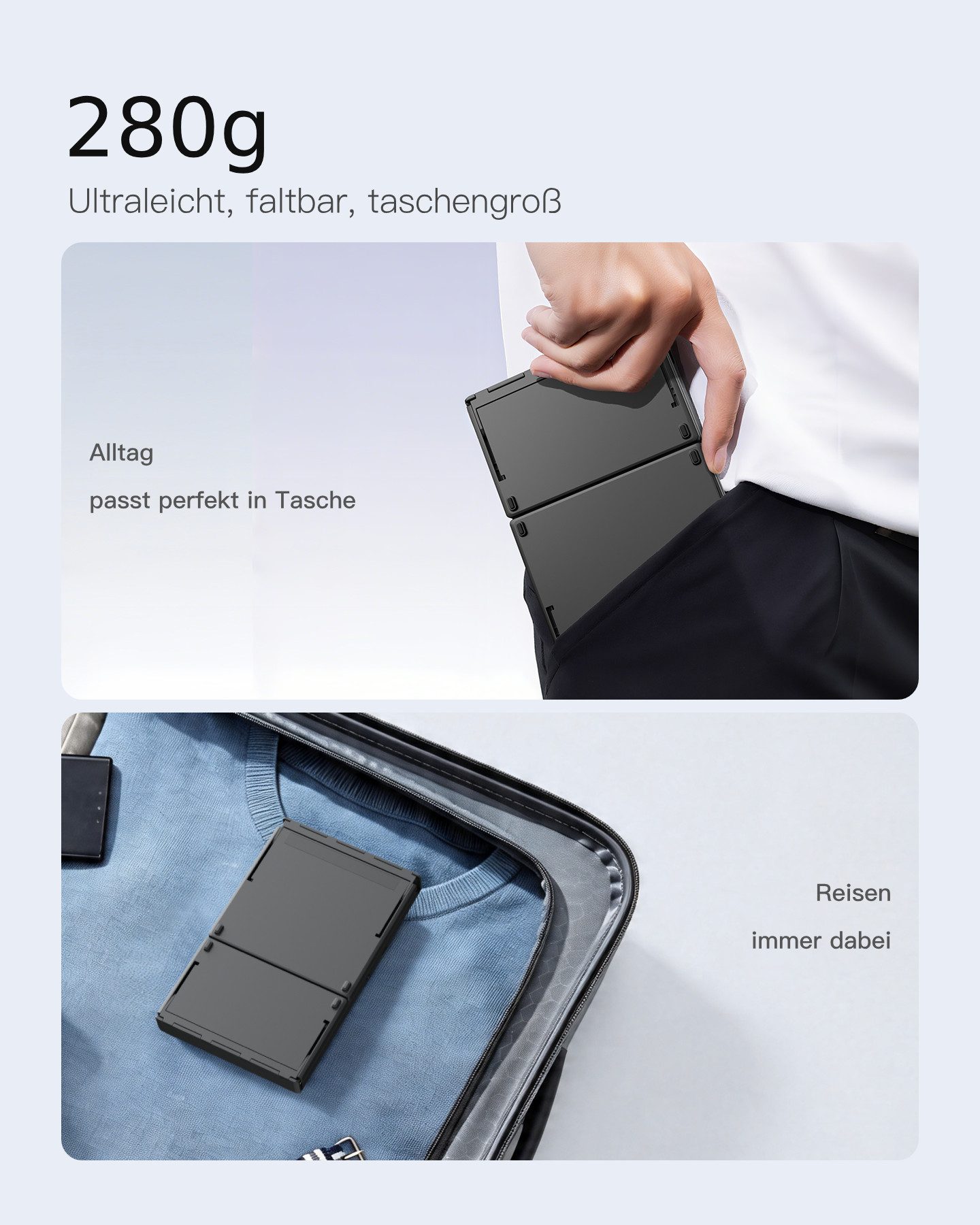 Inateck Faltbare Mini Tastatur, AI-Funktion mit Touchpad,3 Bluetooth-Kanälen Wireless-Tastatur (kompatibel mit iPadOS Android, Windows)