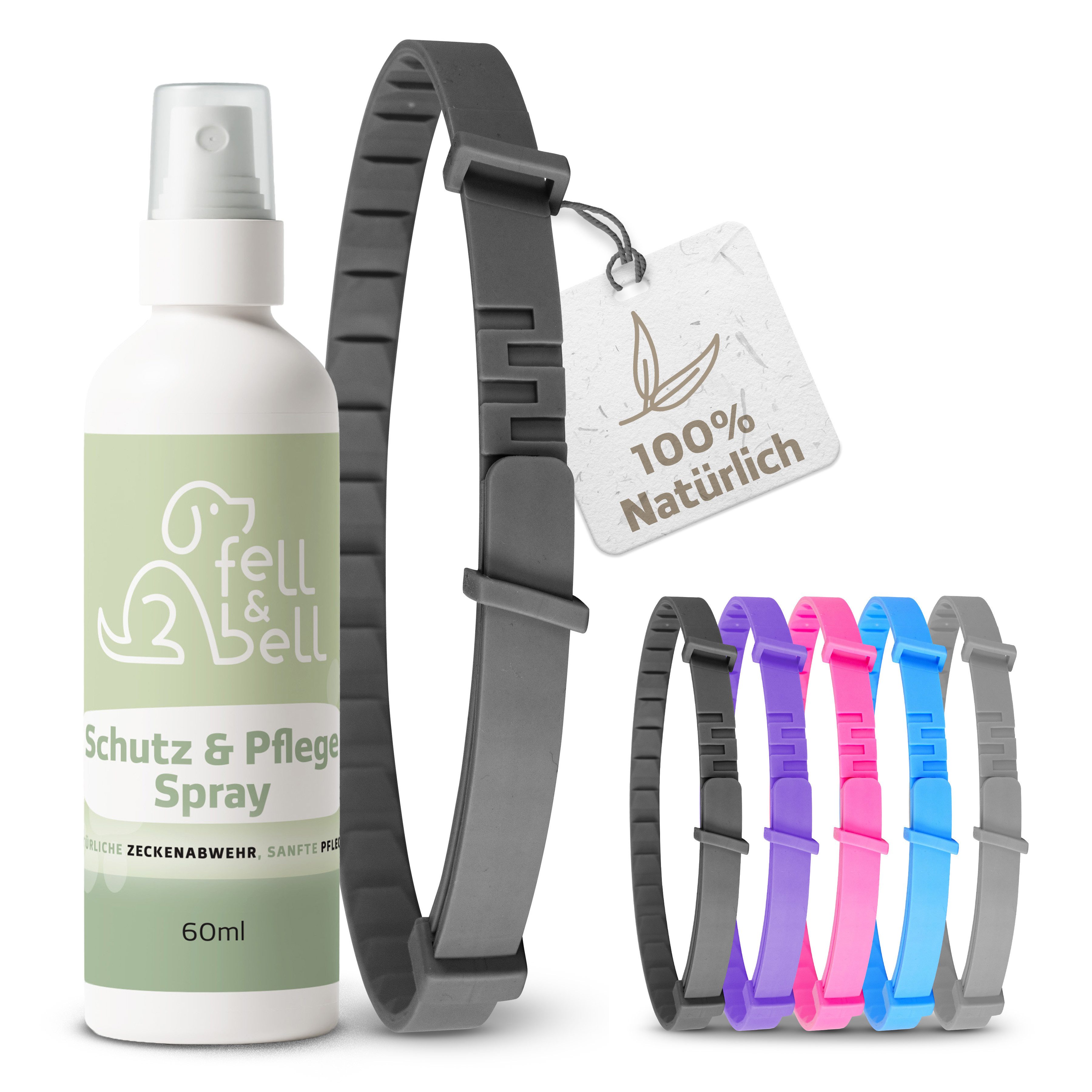 fell&bell Zeckenhalsband - Pflegeset mit 60 ml Schutzspray für Hunde, Natürliche Inhaltsstoffe, für alle Hunde geeignet,leichte Anwendung