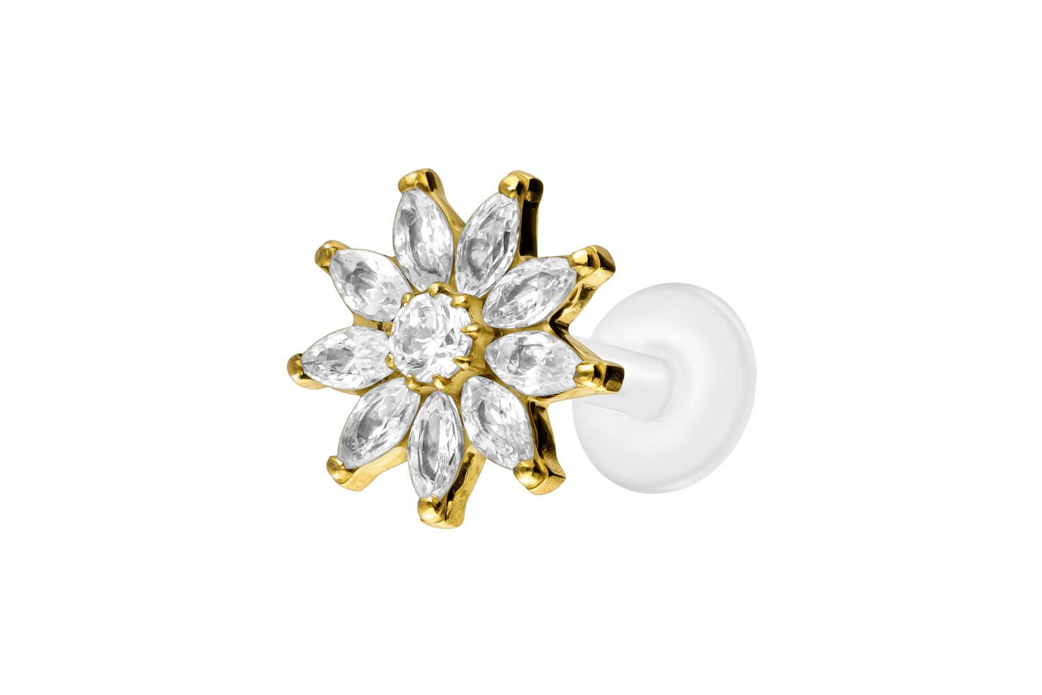 Piercing-Set PTFE Labret mit Innengewinde + Titan-Aufsatz KRISTALLBLUME