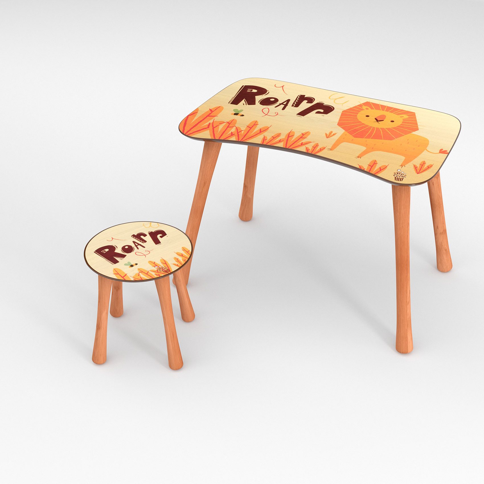 ANRO Kindertisch PopCorn Kindermöbel Hocker + Tisch mit Motiv (10-St., Tisch mit Stuhl/ Hocker), Spannendes Kindermotiv Roar Orange Orange