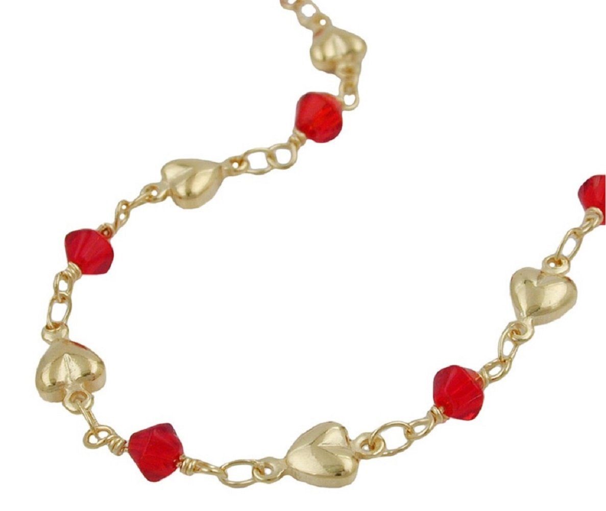 unbespielt Collier Halskette Kette Fantasiekette mit roten Glasperlen und kleinen Herzen vergoldet AMD Länge 42 cm inklusive Schmuckbox, Modeschmuck für Damen