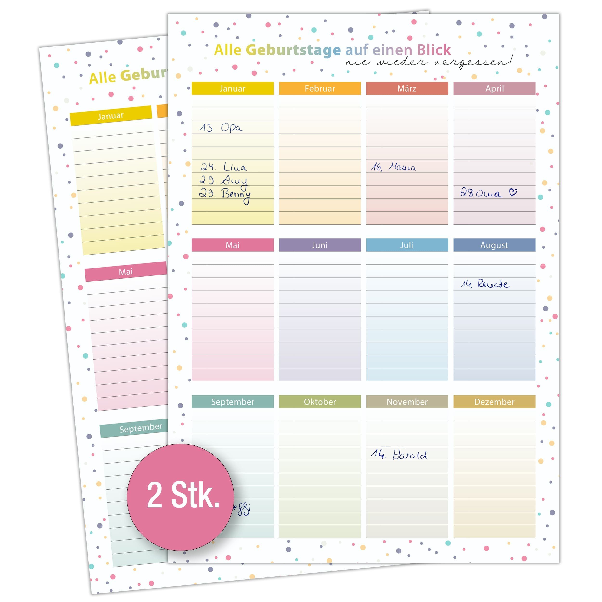 TOBJA Geburtstagskalender Immerwährend Geburtstagskalender 2er Set A4 Wandkalender, Dots Design - Geburstagsplaner Jahresunabhängig