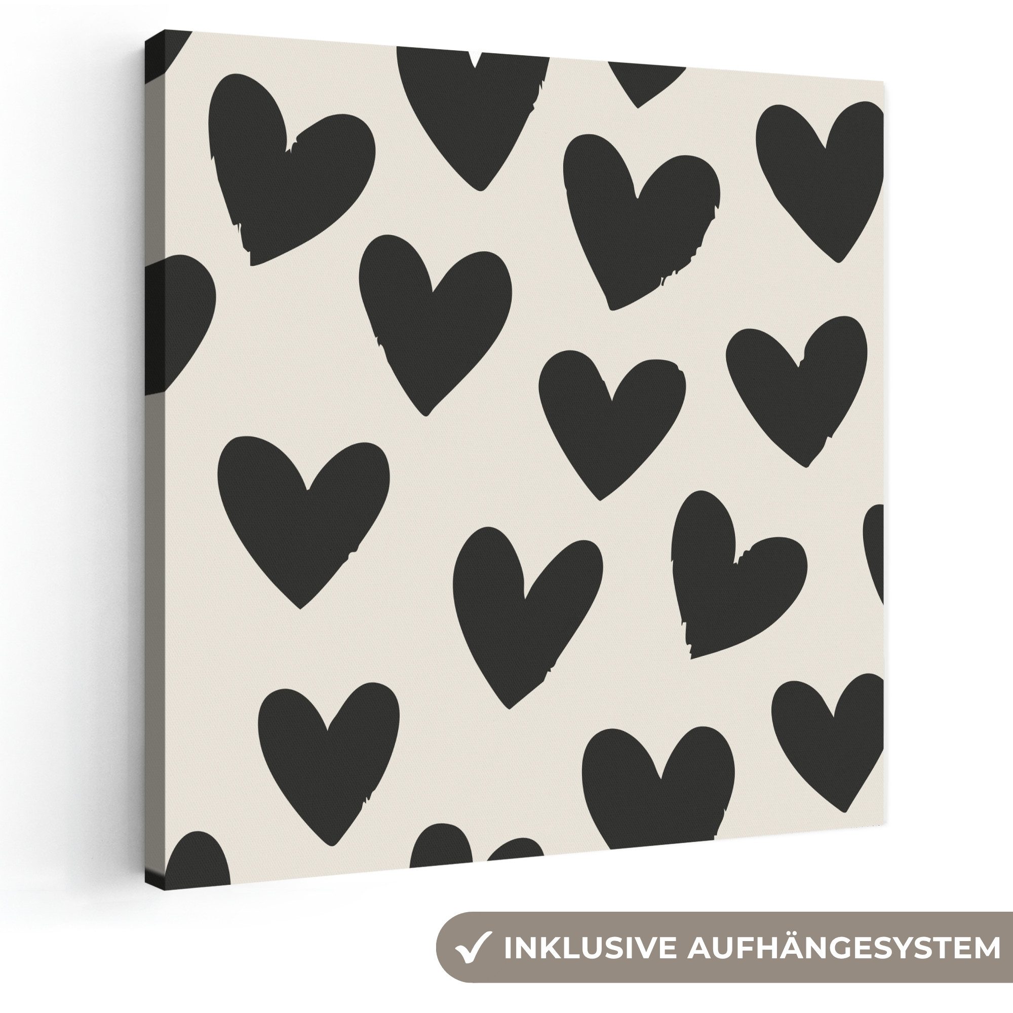 OneMillionCanvasses® Leinwandbild Herzen - Schwarz - Beige, Fotodruck (1 St), Wandbild, Deko Schlafzimmer Wohnzimmer Flur 20x20 cm