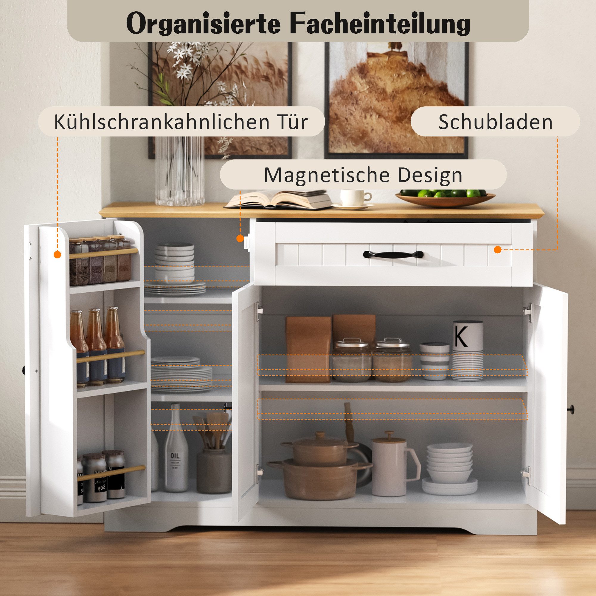 Flieks Kommode Buffetschrank mit Schubladen und Türablagen (1 St., 107x40x84 cm), Mehrzweckschrank Küchenschrank mit verstellbarer Einlegeböden – Bild 4 von 5