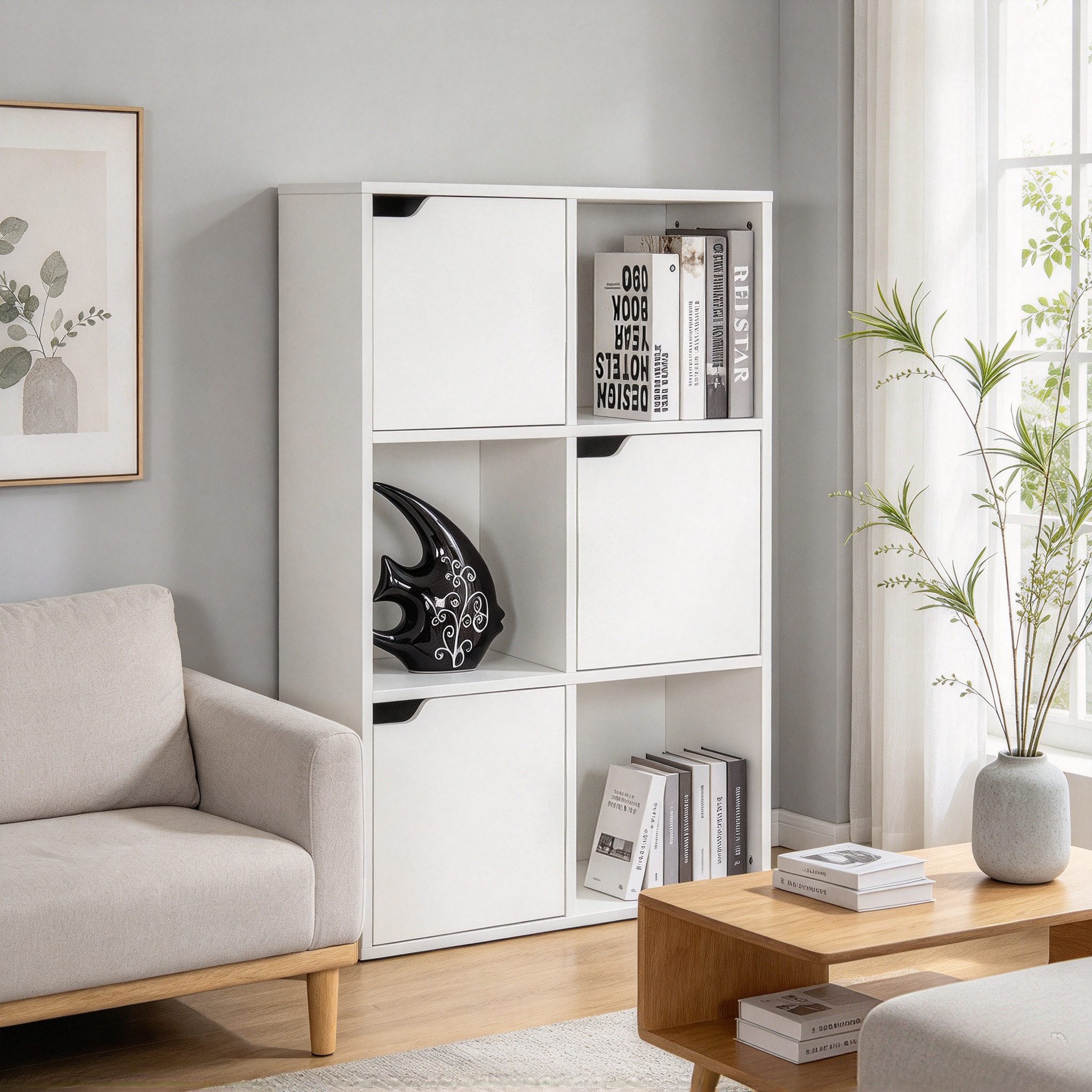 Mondeer Bücherregal Aufbewahrungsregal, Bücherschrank, Regal aus Holz, Sechs Fächer mit 3 Türen – Bild 2 von 5