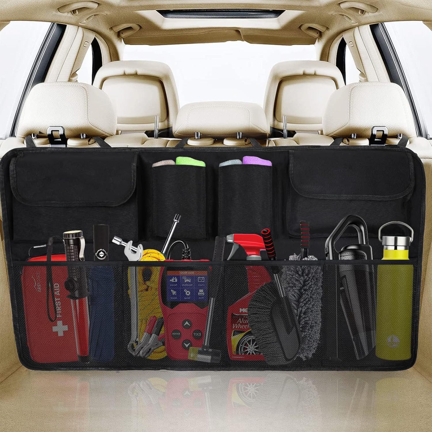 LA CUTE Rücksitzorganizer Auto Kofferraum Organizer faltbar SUV Rücksitz Tasche mit 8 Fächern (1-teiliges Auto Organizer Set für Kofferraum & Rücksitz – faltbar, wasserdicht, 1-tlg. Kofferraum-Organizer SUV faltbar Auto Aufbewahrungssystem), 8 Fächer Auto