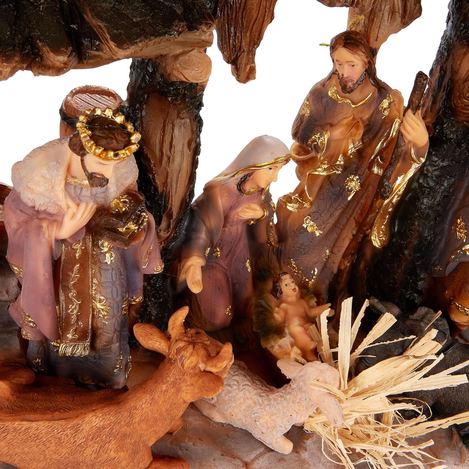BRUBAKER Krippenfigur Weihnachtskrippe Tischkrippe Weihnachtsfigur mit handbemalten Figuren (Krippenfigur Weihnachtsdekoration aus Polyresin, 1 St), Jesus, Maria, Josef und Könige im Krippenstall mit Tieren - 34 cm
