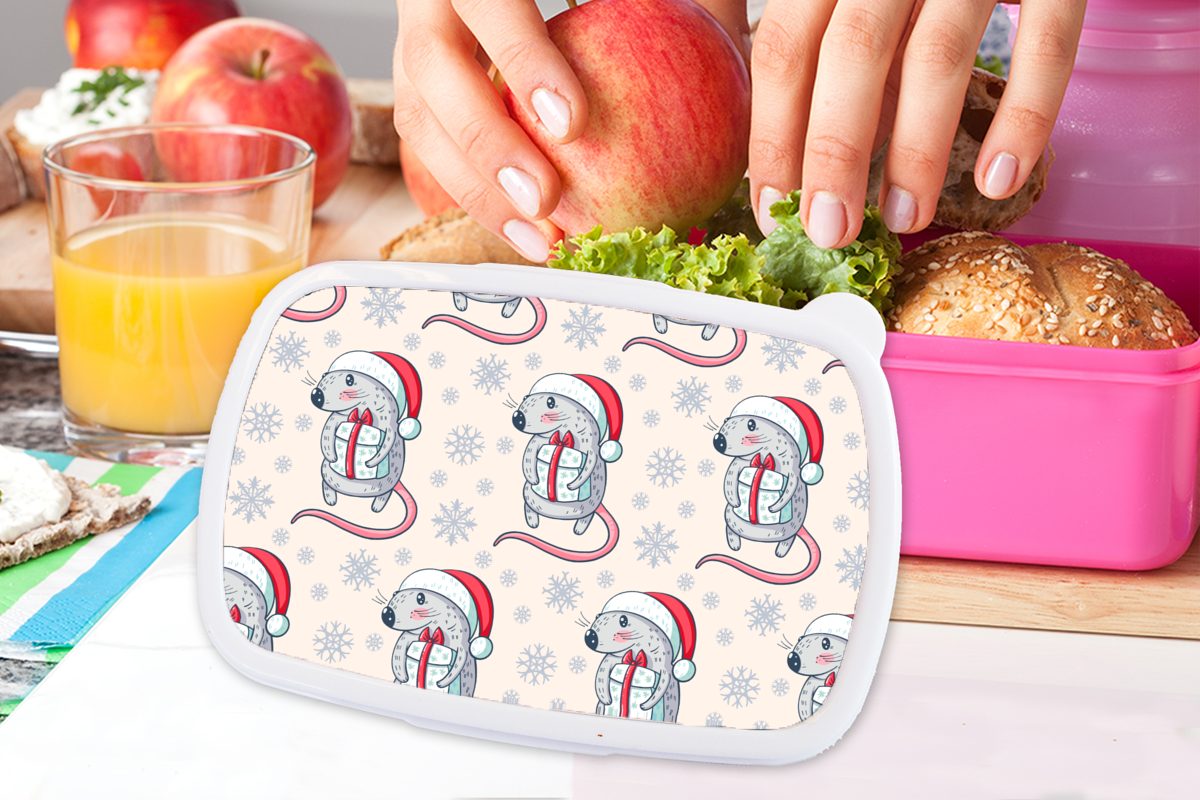 MuchoWow Brotbox Snackbox, Kunststoff Kinder - Kunststoff, Muster, Lunchbox Weihnachten für Mädchen, (2-tlg), - Weihnachtsgeschenk Kinder, Erwachsene, - - Ratte rosa Brotdose