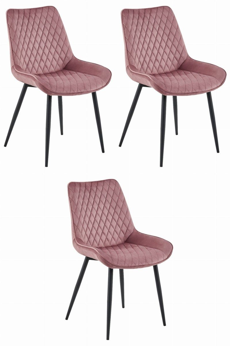 Esszimmerstuhl VERDO Stuhl Dunkelpink Samt mit schwarzen Metallbeinen 3er-Set