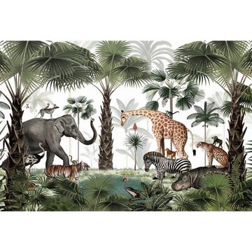 K&L Wall Art Fototapete Fototapete Baby Kinderzimmer Vliestapete Königreich der Dschungel Tiere, große XXL Motivtapete