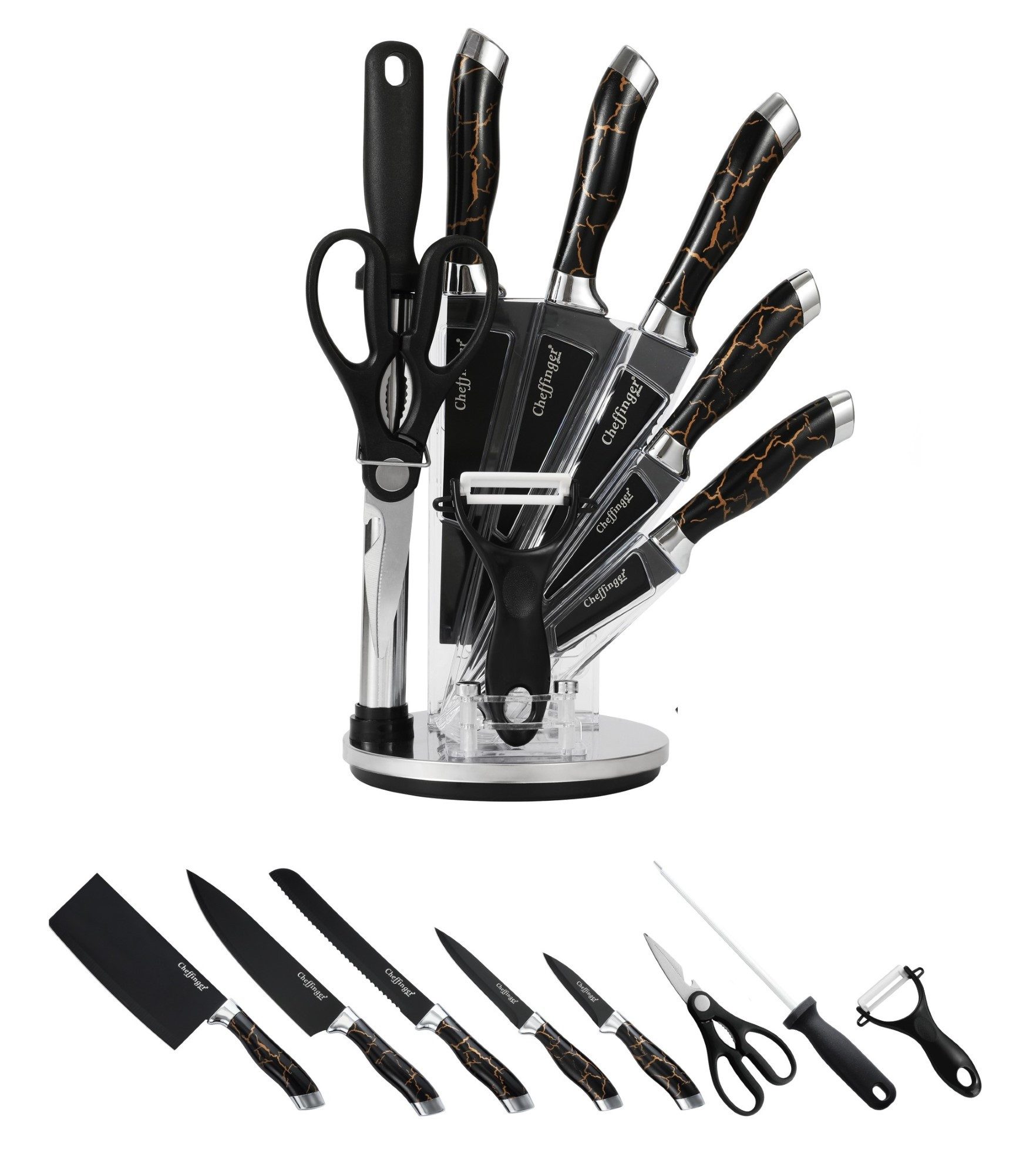 Cheffinger Messer-Set 9 tlg Messerständer drehbar Edelstahl Messer Marmordesign