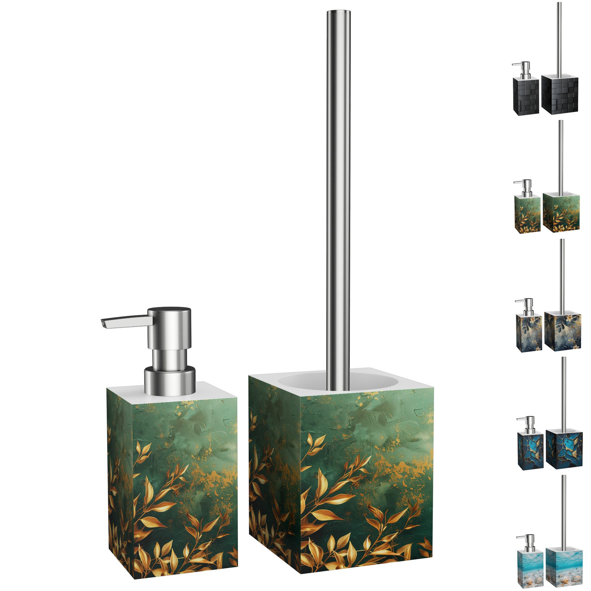 Sanilo Badaccessoire-Set mit Motiv, viele schöne Seifenspender und WC Bürsten zur Auswahl, Klobürste mit auswechselbaren Bürstenkopf, 2 tlg., 2-tlg., Desinfektionsspender mit stabiler Pumpe, hochwertig & modern