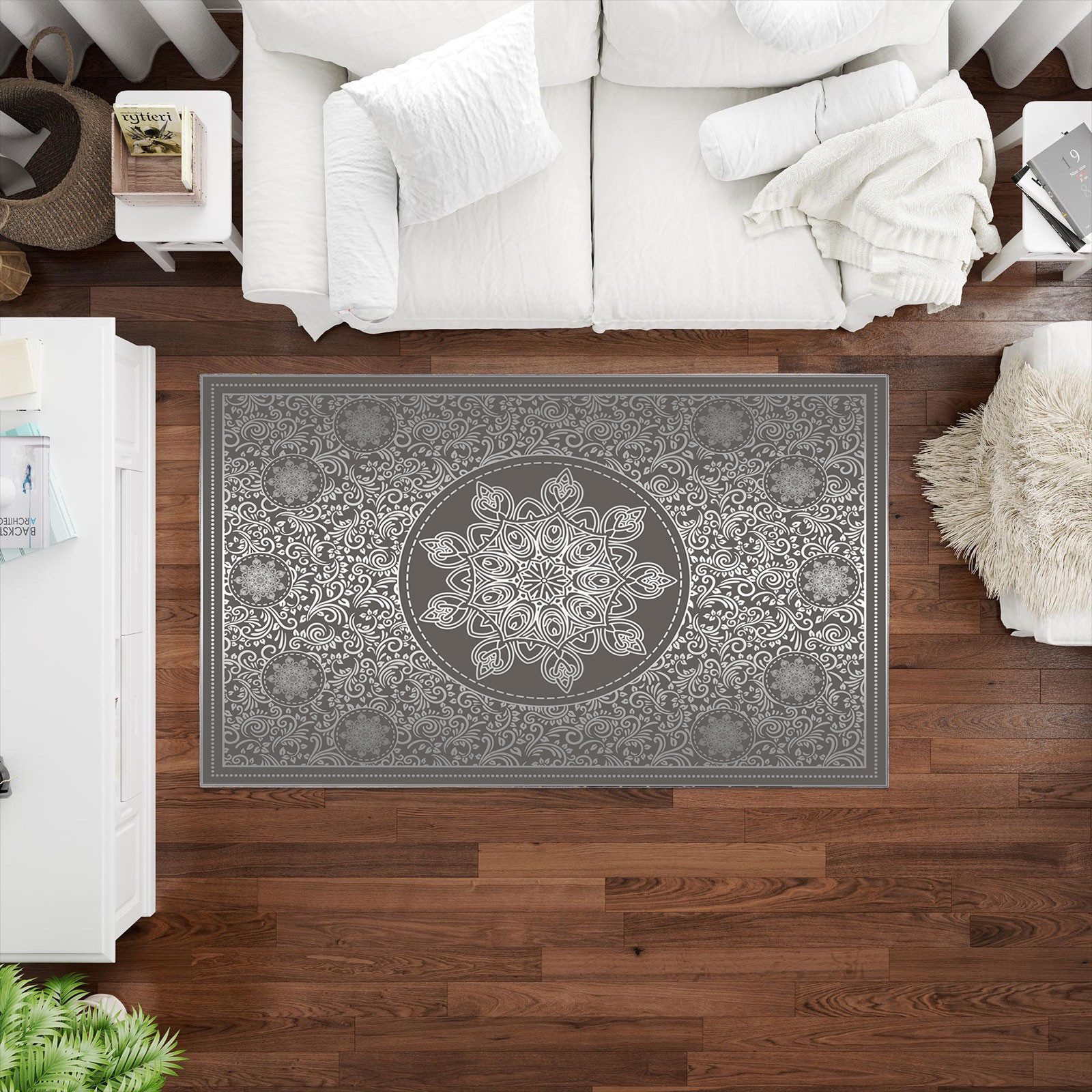 Jungengel Teppich Mandala Wohnzimmer Grau Waschbar günstig online kaufen