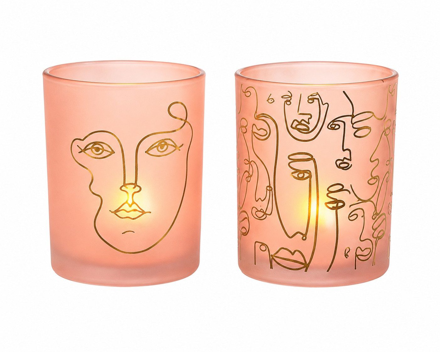 Wurm Teelichthalter 2er Set Windlichter Glas Modern Art Rosa & Gold Gesichter-Design