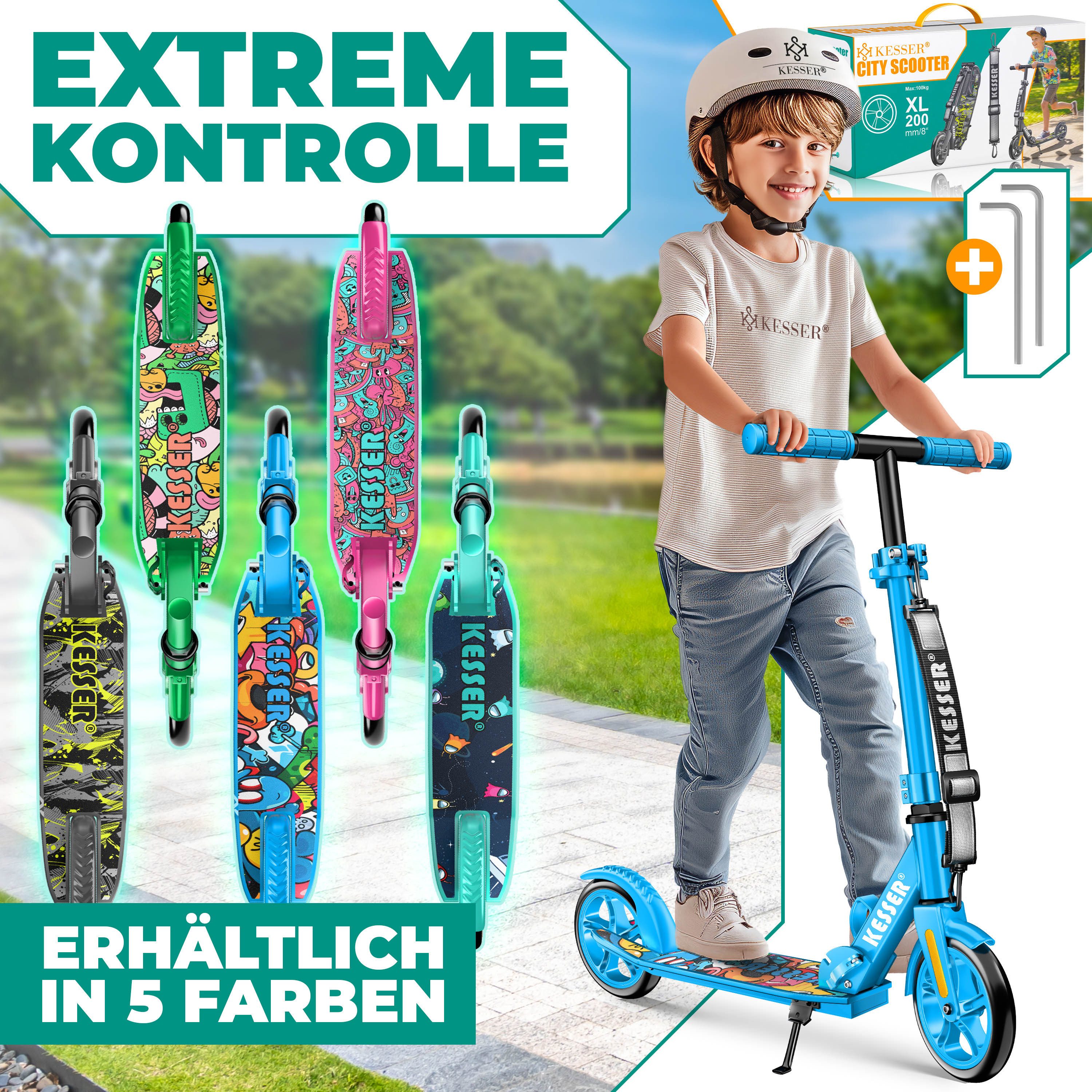 KESSER Scooter Citysooter mit Hinterradbremse & rutschfeste Trittfläche, Kinderroller bis 100kg & 185cm Körpergröße, klappbar höhenverstellbar