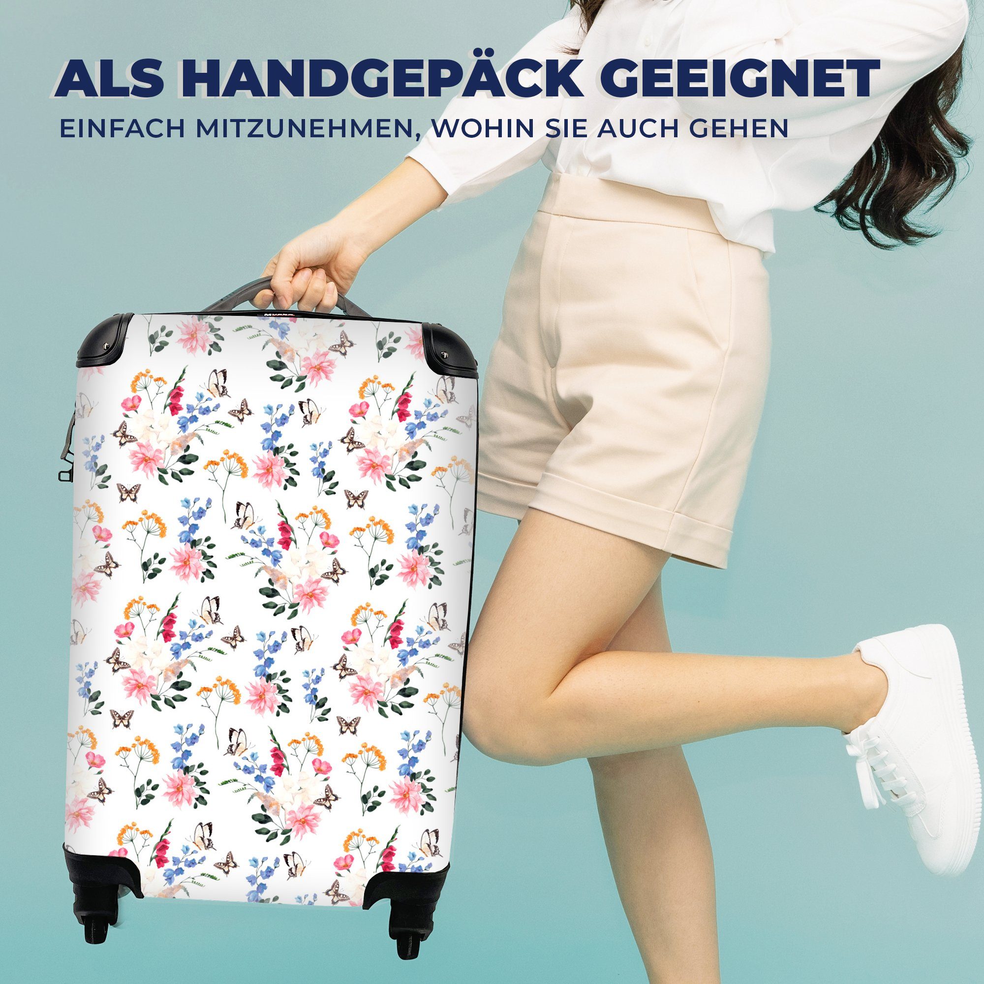 rollen, Pastell, - MuchoWow Reisekoffer Reisetasche für Schmetterling 4 Blumen Ferien, Trolley, Handgepäckkoffer Handgepäck - Rollen, mit