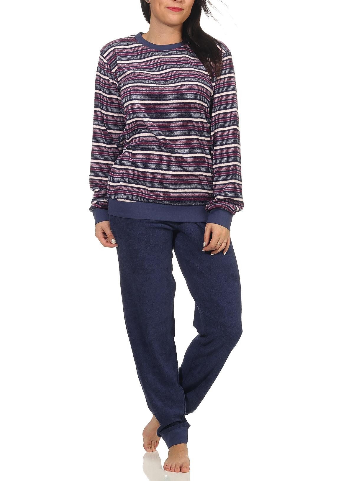 Normann Pyjama Damen Frottee Pyjama langarm Schlafanzug mit Bündchen Streifenoptik
