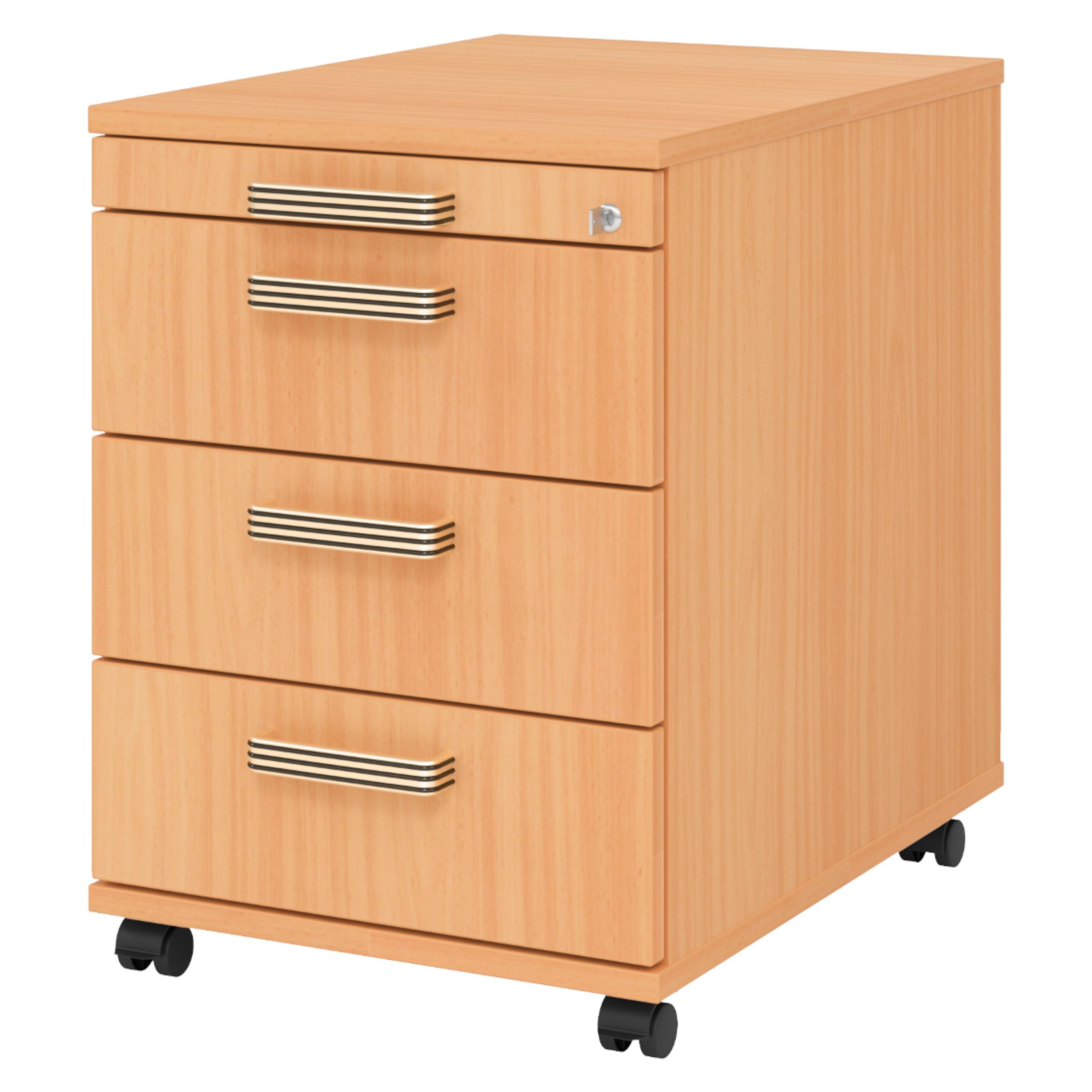 bümö Rollcontainer office Bürocontainer - 3 Materialschubladen, Dekor: Buche mit Streifengriff (Kunststoff)