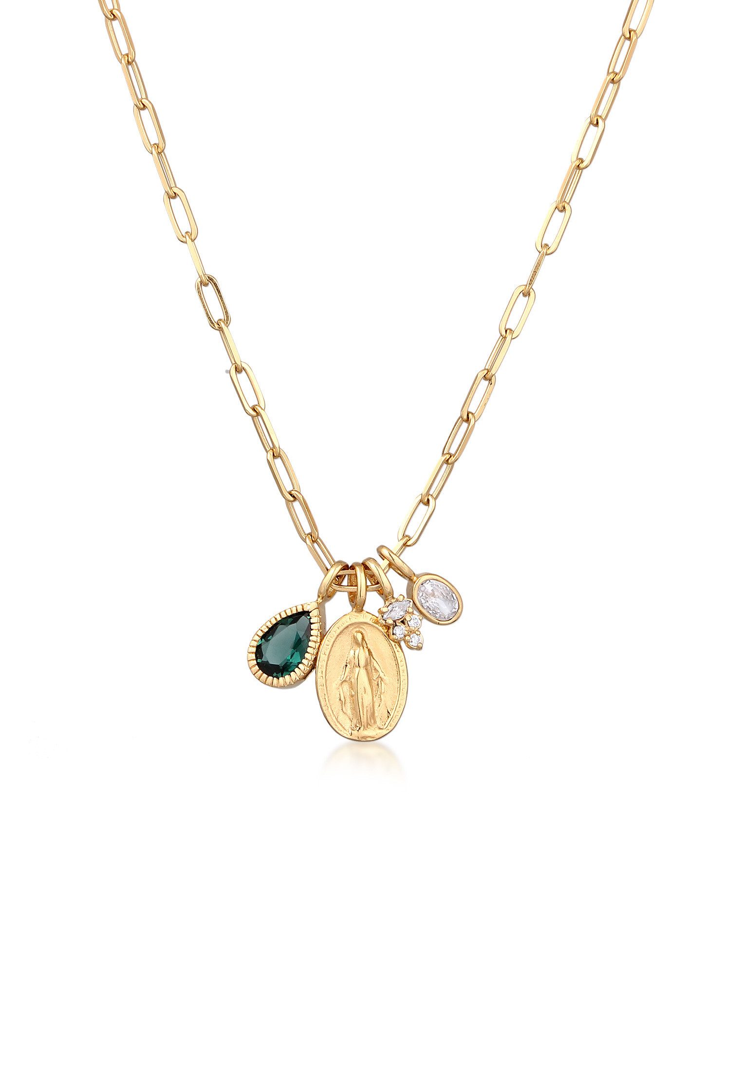 Elli Premium Kette mit Anhänger Marienbild Tropfen Quarz Grün 925 Sterling Silber vergoldet