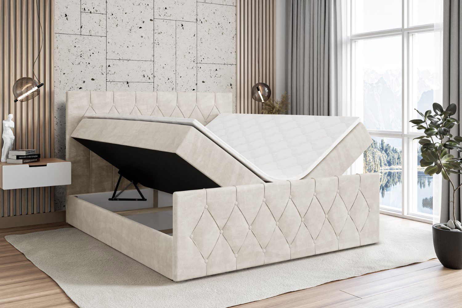 ALTDECOR Boxbett VELANTO (mit Matratze Lattenrost Topper Polsterbett mit Bettkasten Doppelbett), H4 Multipocket / H3 Bonellfederung, Springboxbett Boxspringbett