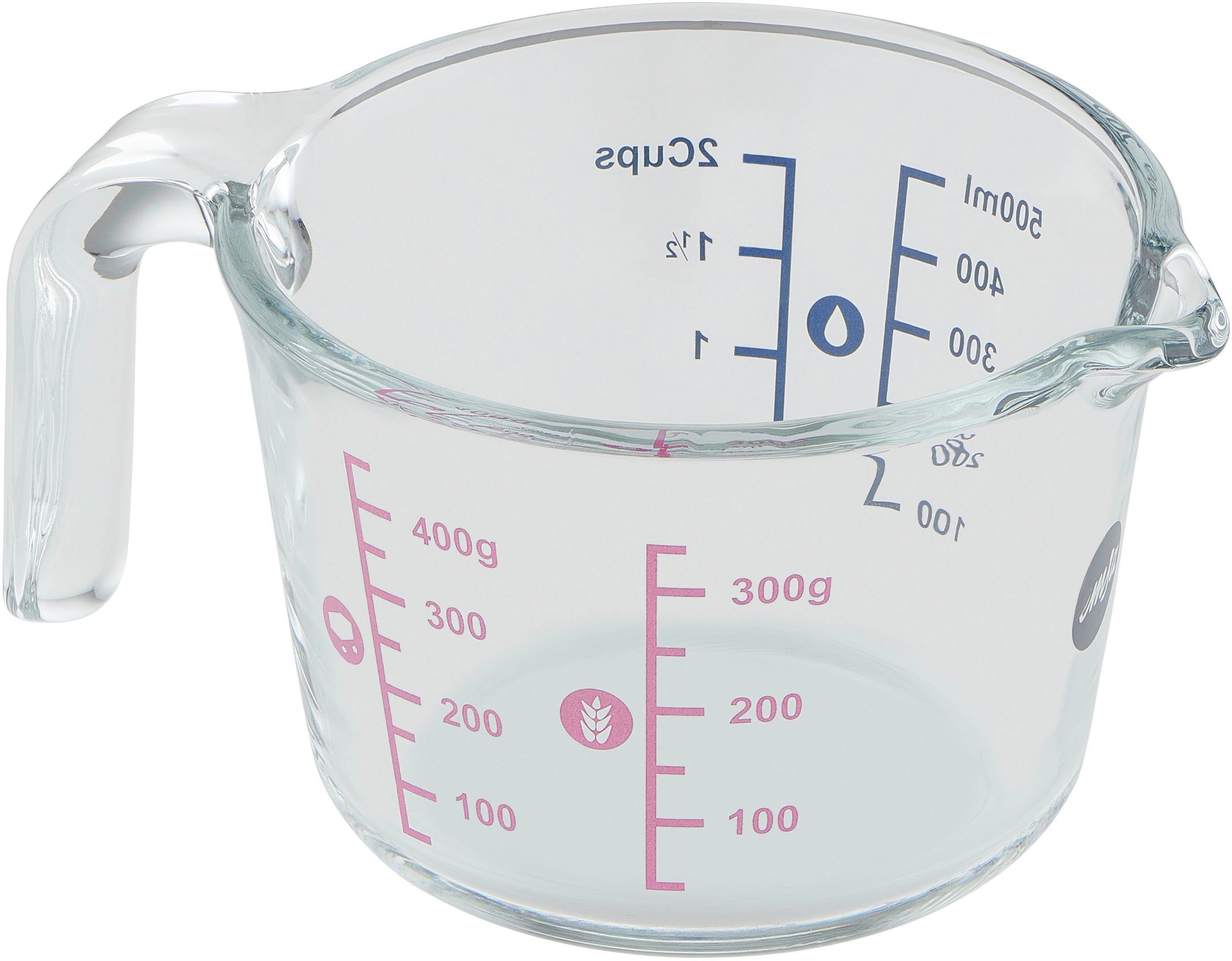 Emsa Messbecher Prep&Bake, Glas, Skalierung flüssige Ausgießlippe doppelte Zutaten, f. feste &