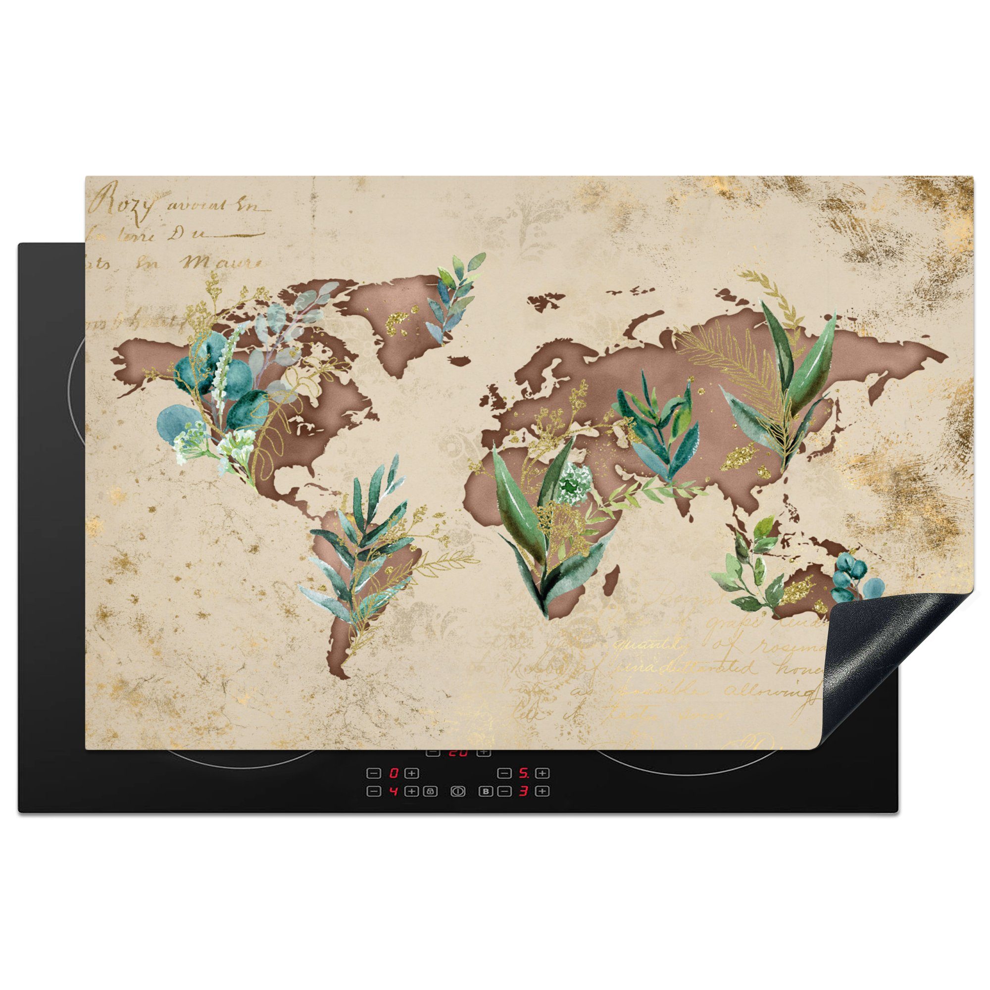 MuchoWow Herdblende-/Abdeckplatte Weltkarte - Retro - Pflanzen, Vinyl, (1 tlg), 81x52 cm, Induktionskochfeld Schutz für die küche, Ceranfeldabdeckung