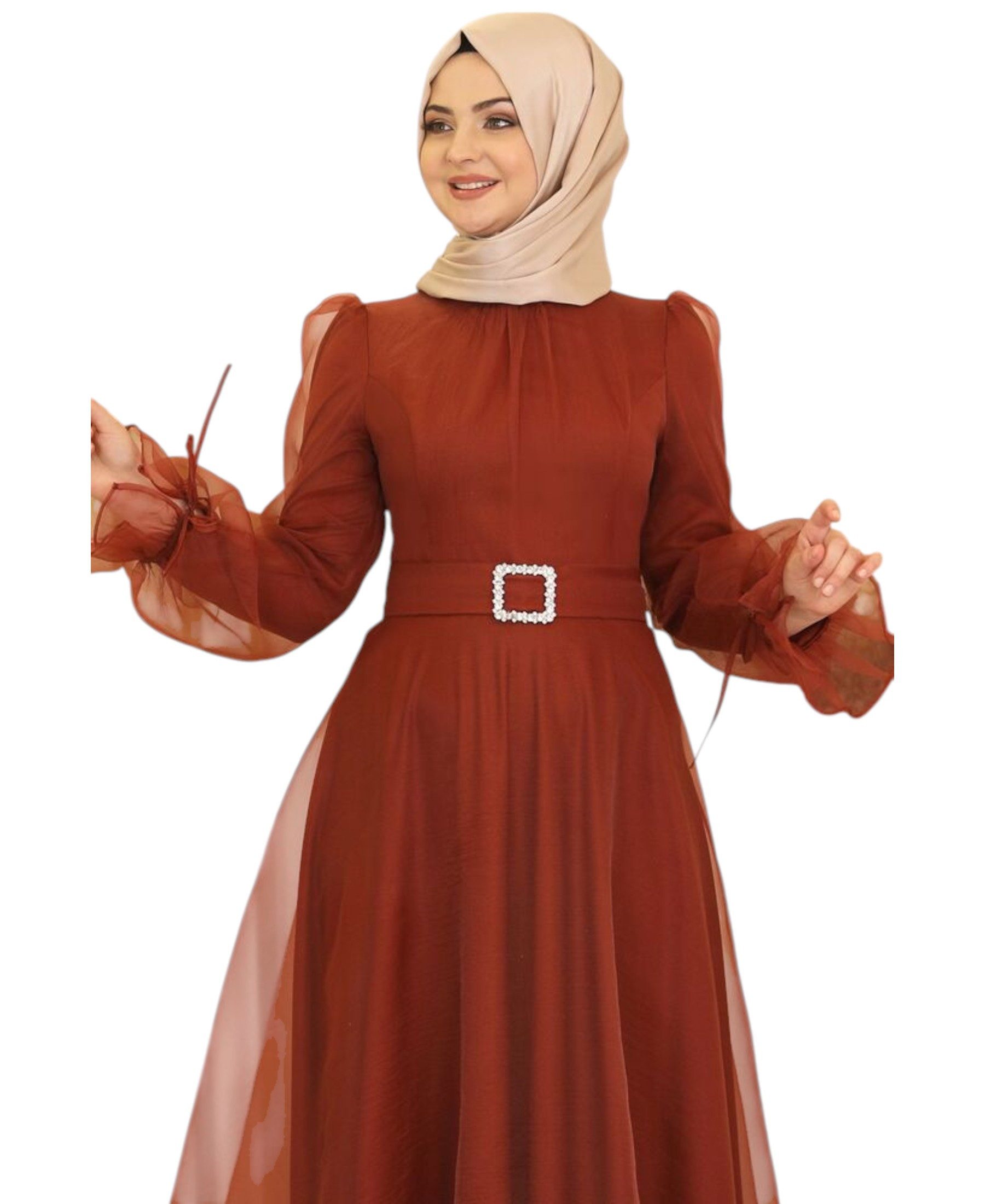 Modavitrini Abendkleid Damen Tüll Maxikleid Langarm – Festkleid mit Gürtel Modest Fashion Gürtel mit Schmucksteinen