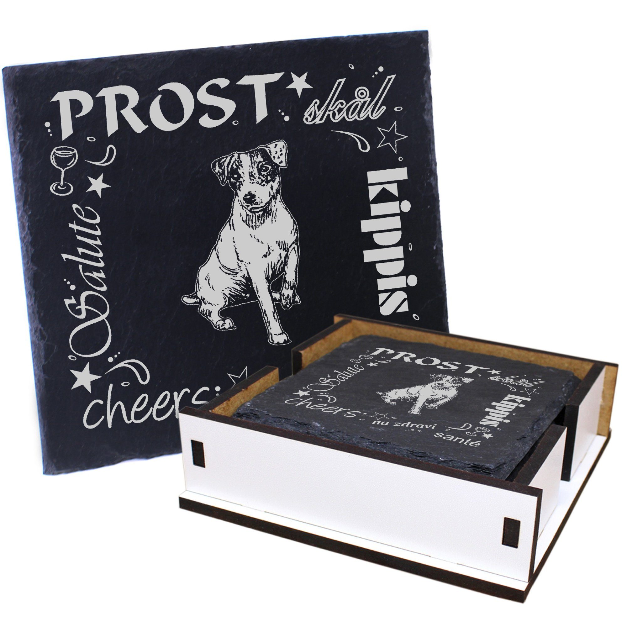 Dekolando Getränkeuntersetzer Prost sitzender Jack Russell Terrier - inkl. Box & Flaschenuntersetze, 6-tlg.