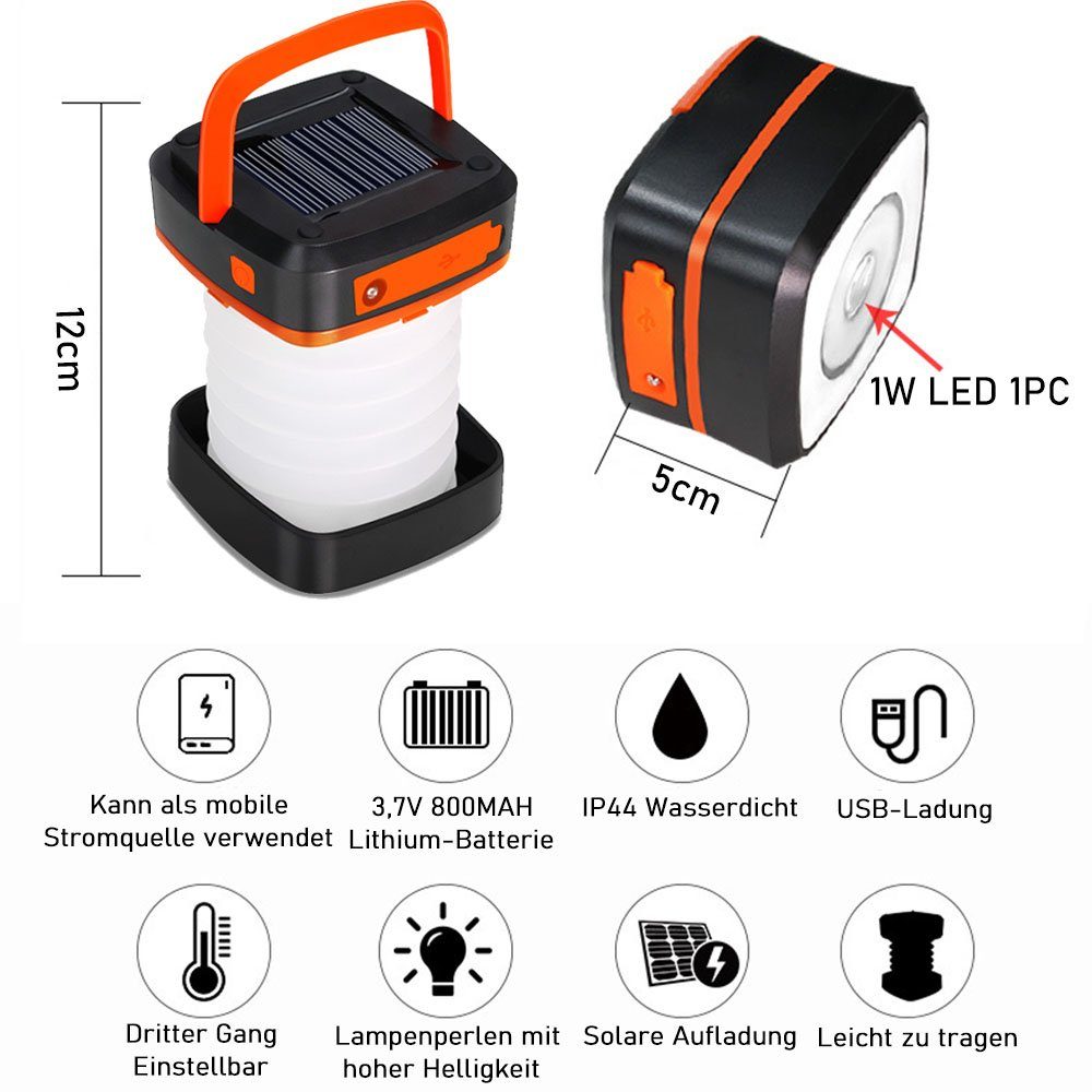 LED, Notstrom-Ladegerät Lichtmodi Orange Solar Tragbare 800mAh Campinglampe 3 zggzerg LED Außen-Stehlampe